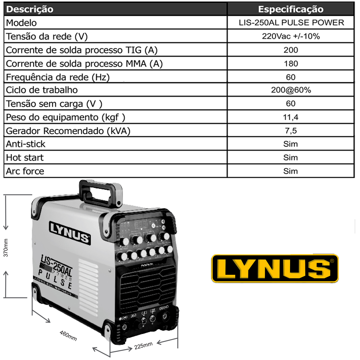 Inversora De Solda Tig Mma Lynus Lis Al Pulse Ac Dc Com Cilindro