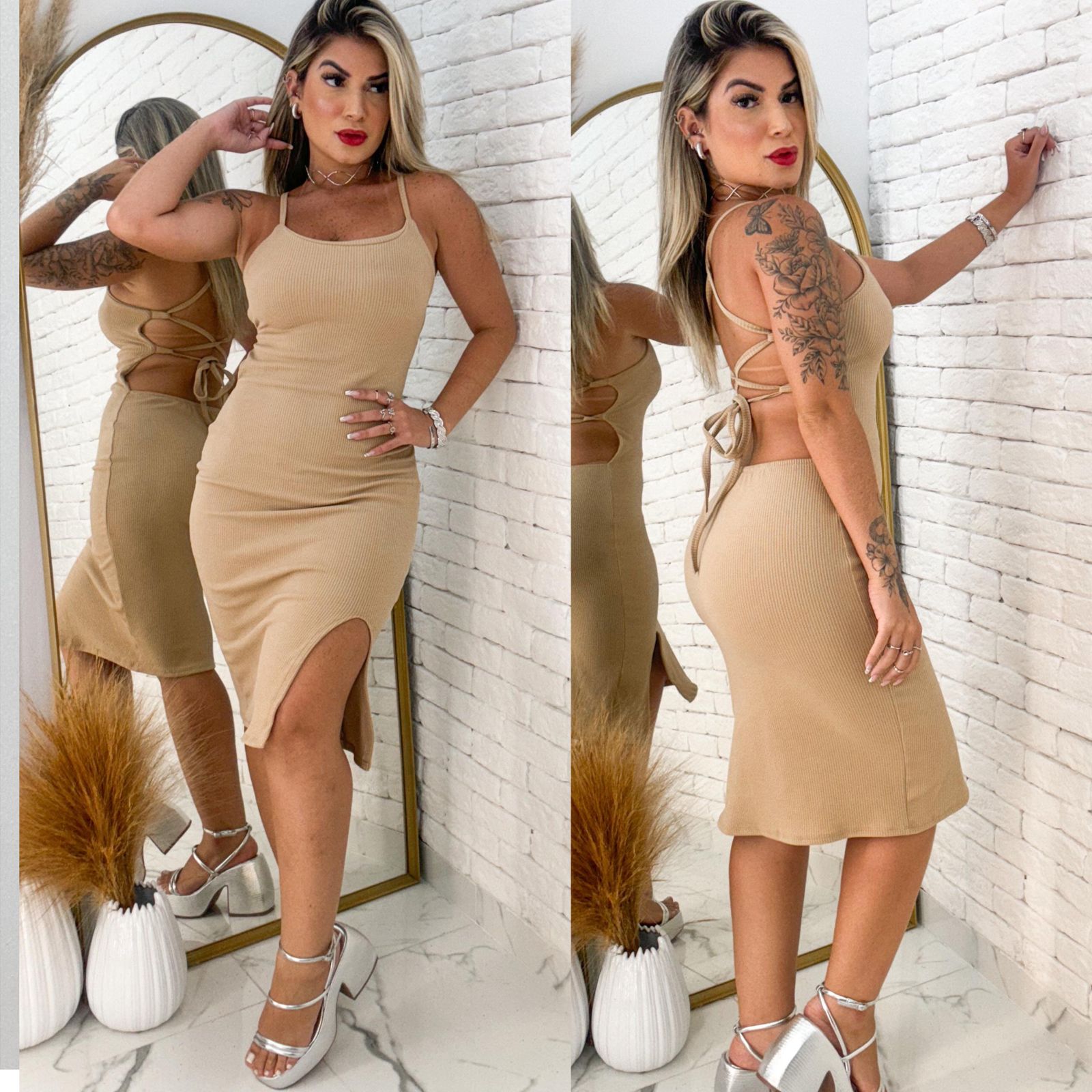 Vestido Tatiana NUDE Midi Canelado Anarruga Moda Blogueira Estilo