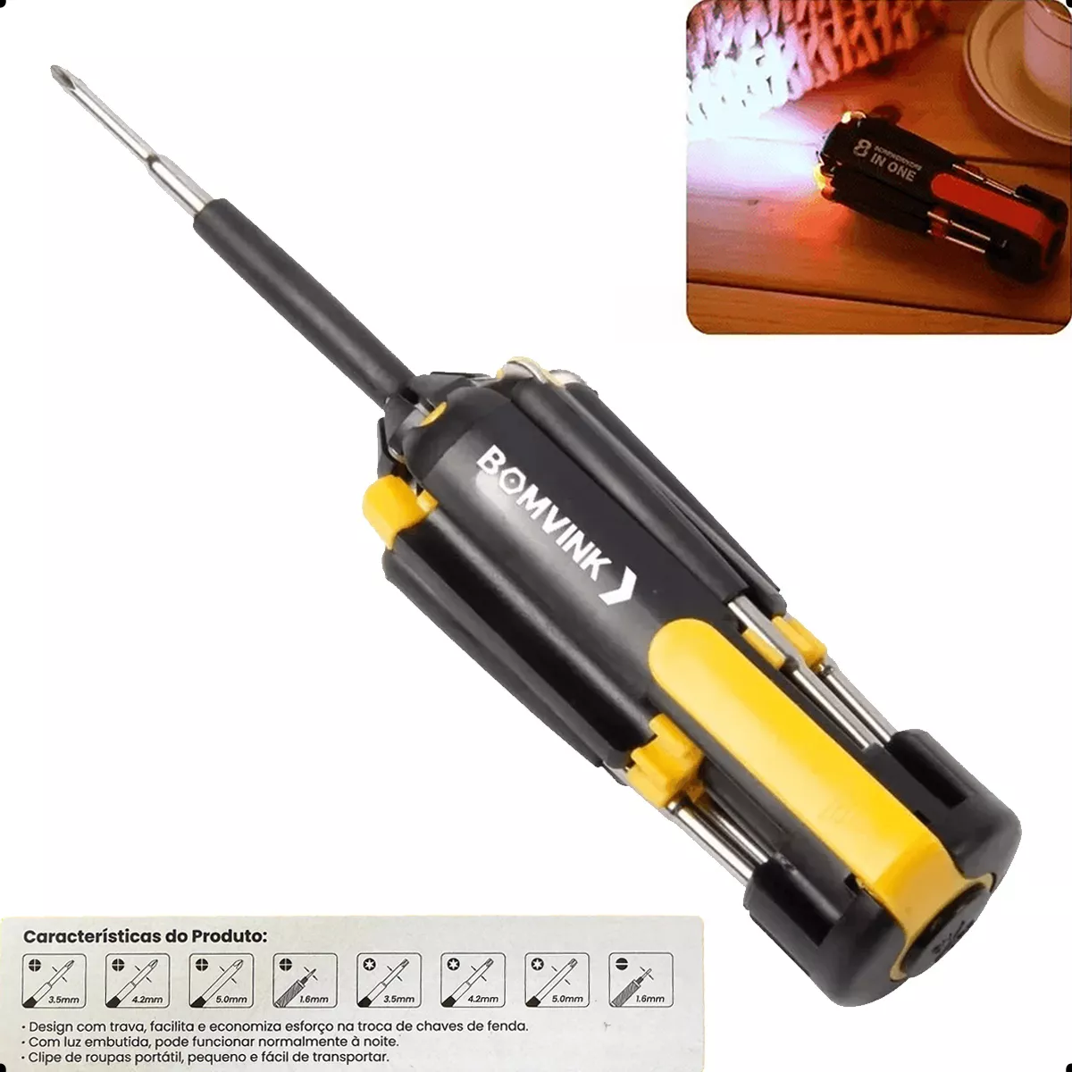 Jogo Chave De Fenda E Phillips 8 Em 1 Led Portatil - RD2SHOP