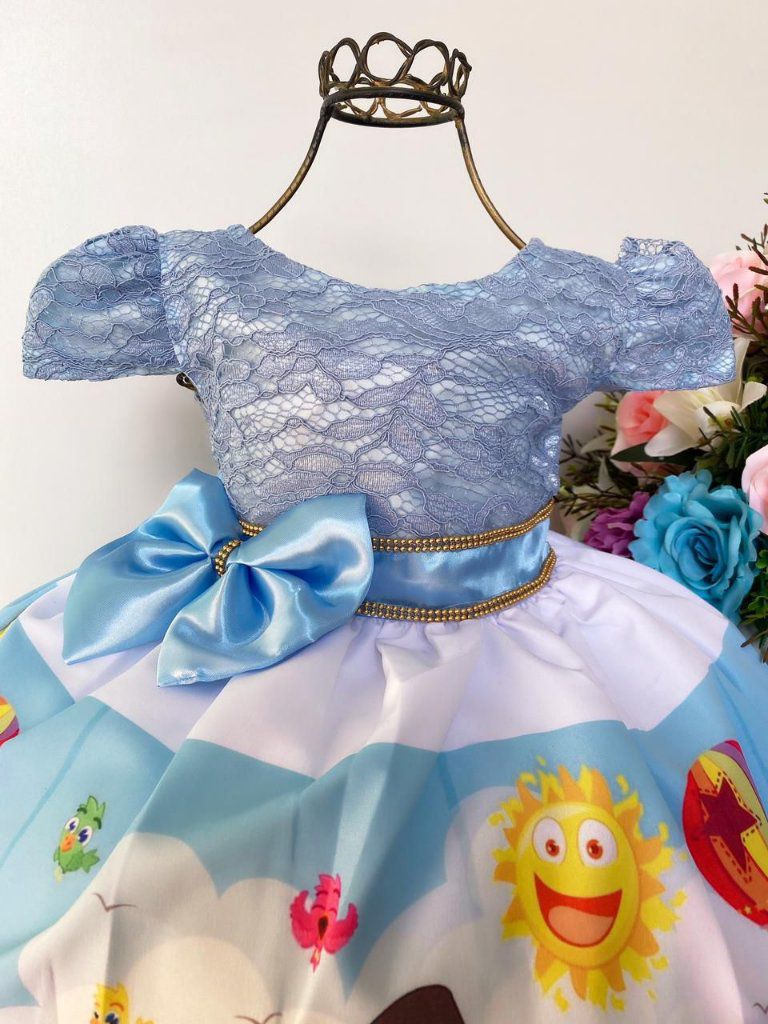 Vestido Infantil Azul C/ Renda Cinto Pérolas Strass Princesa