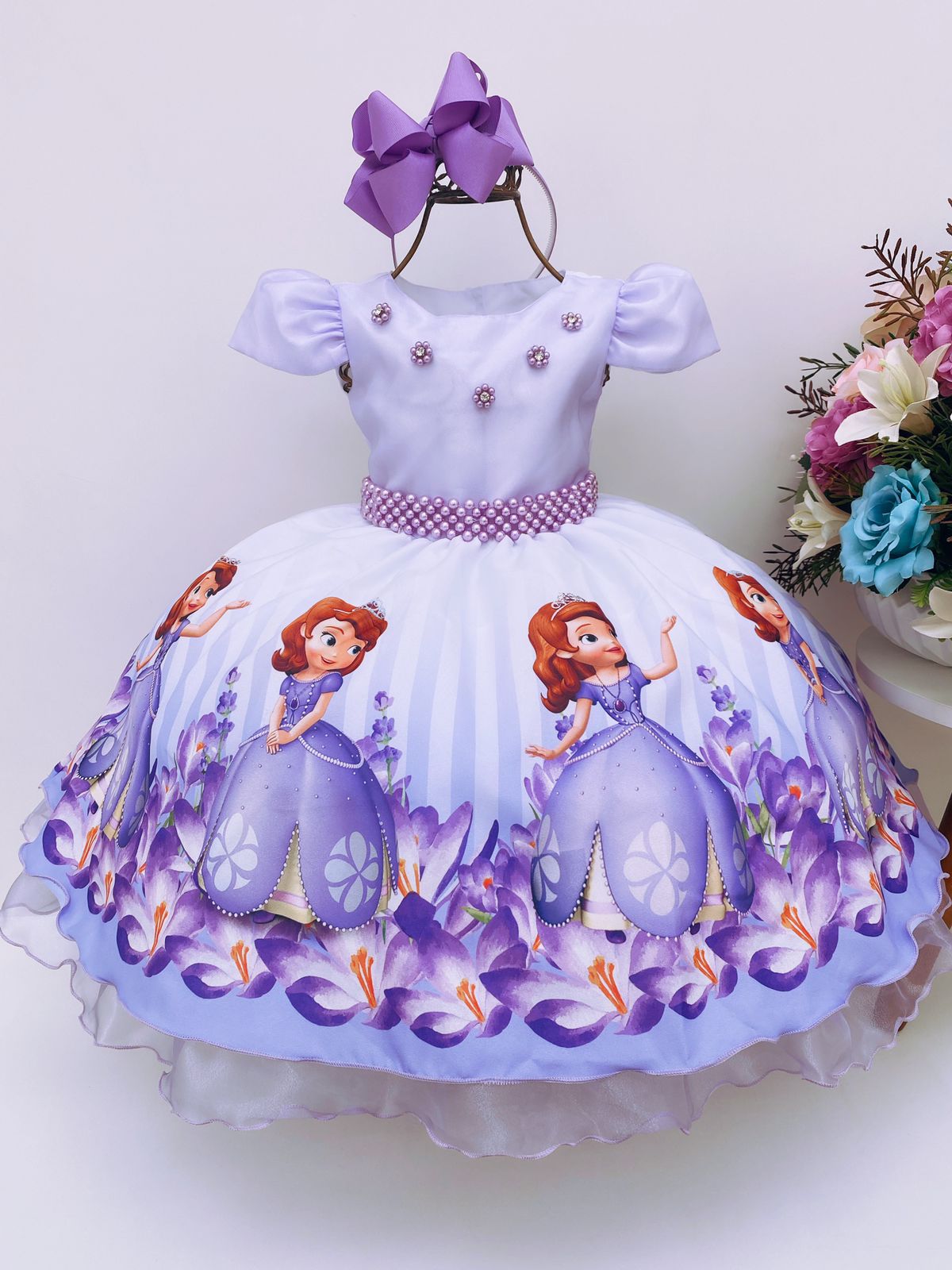 Vestido Infantil Princesa Sofia Lilás C/ Cinto De Pérolas