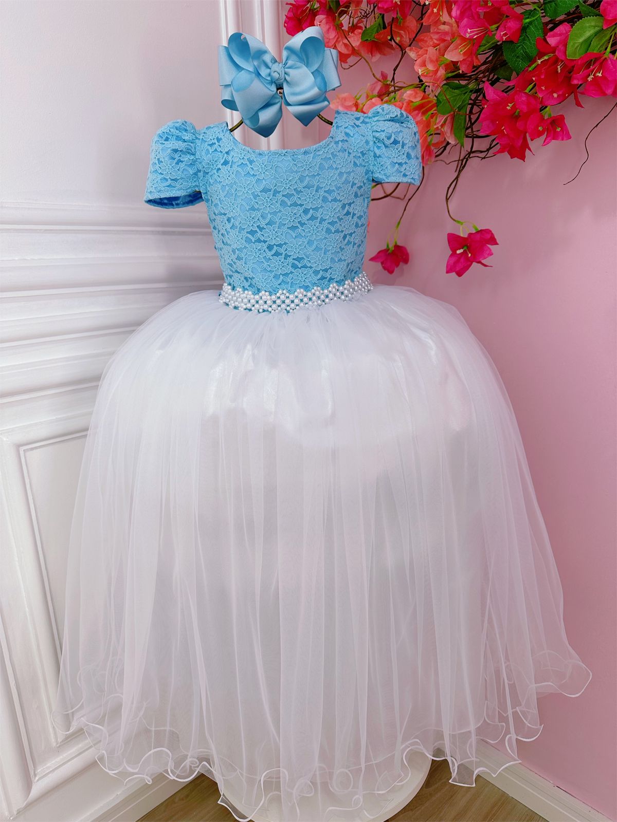 Vestido Infantil de Festa Longo Azul Princesa Cinderela