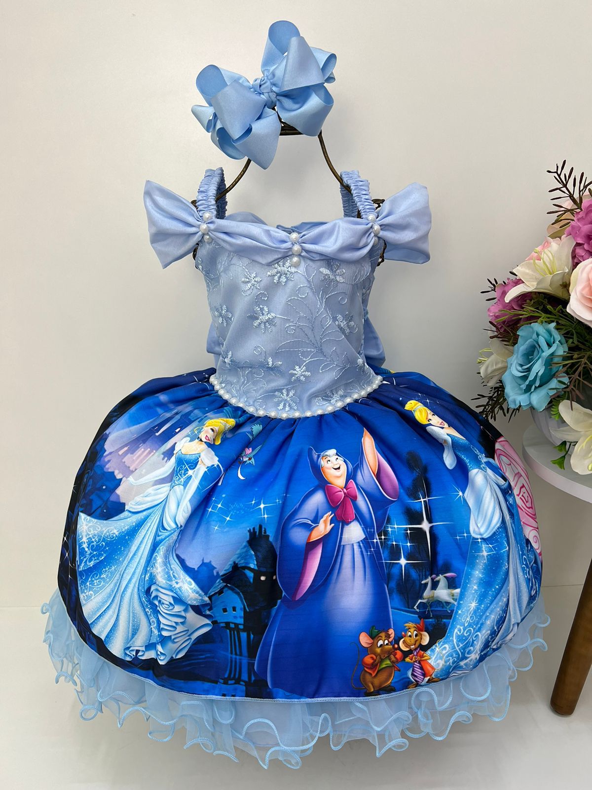 Vestido Infantil Princesa Cinderela Azul C/ Renda Luxo Festa