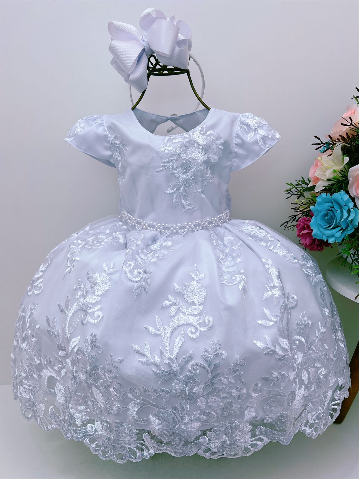 VESTIDO INFANTIL CINDERELA PRINCESA AZUL C/ RENDA E PÉROLAS