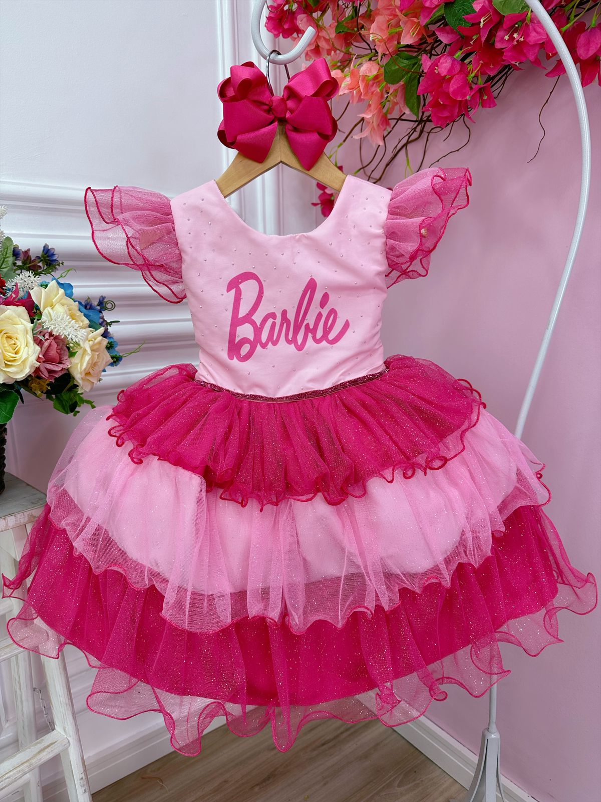 Vestido Fantasia Barbie 2023 Xadrez Rosa E Branco Infantil