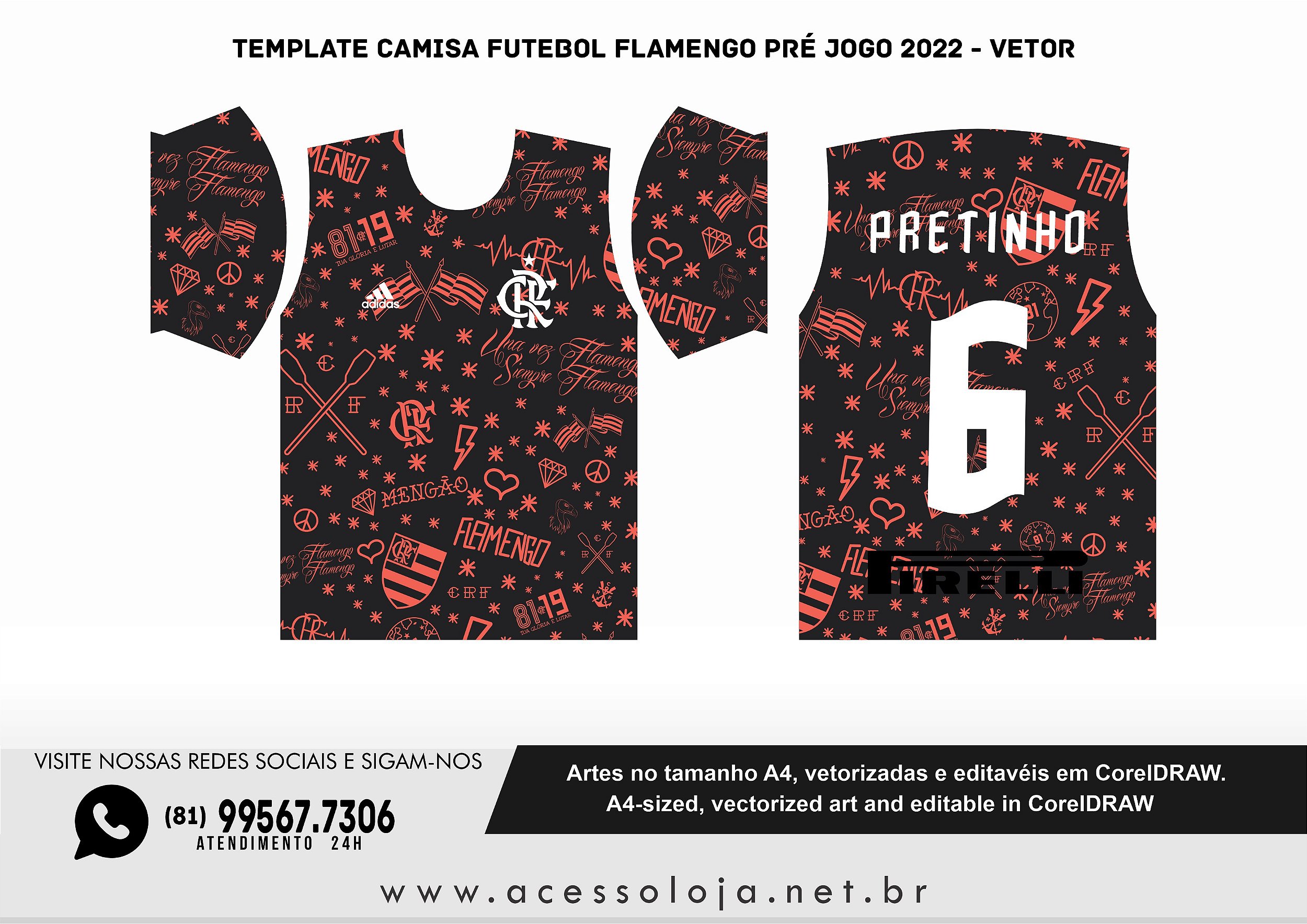 Template Camisa Futebol Flamengo pré jogo 2022 - Vetor - Acesso Loja - A  sua loja gráfica