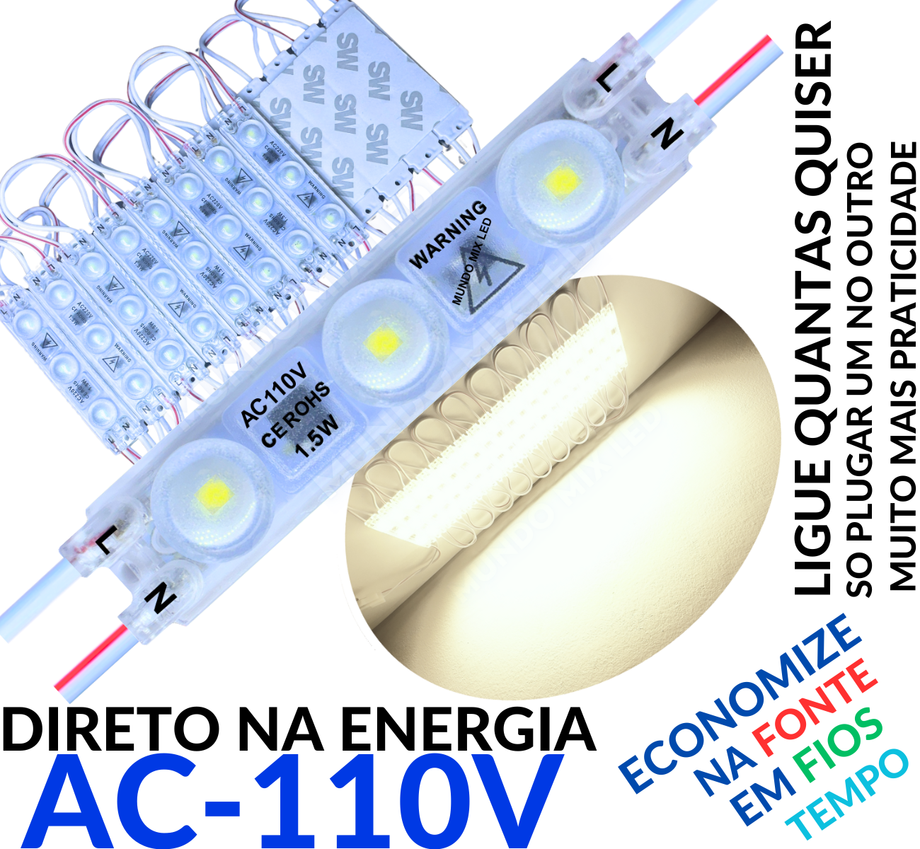 Módulo LED 2835 AC 110V 1,5W Branco Morno 4.000k CHIP independente 3-L ...