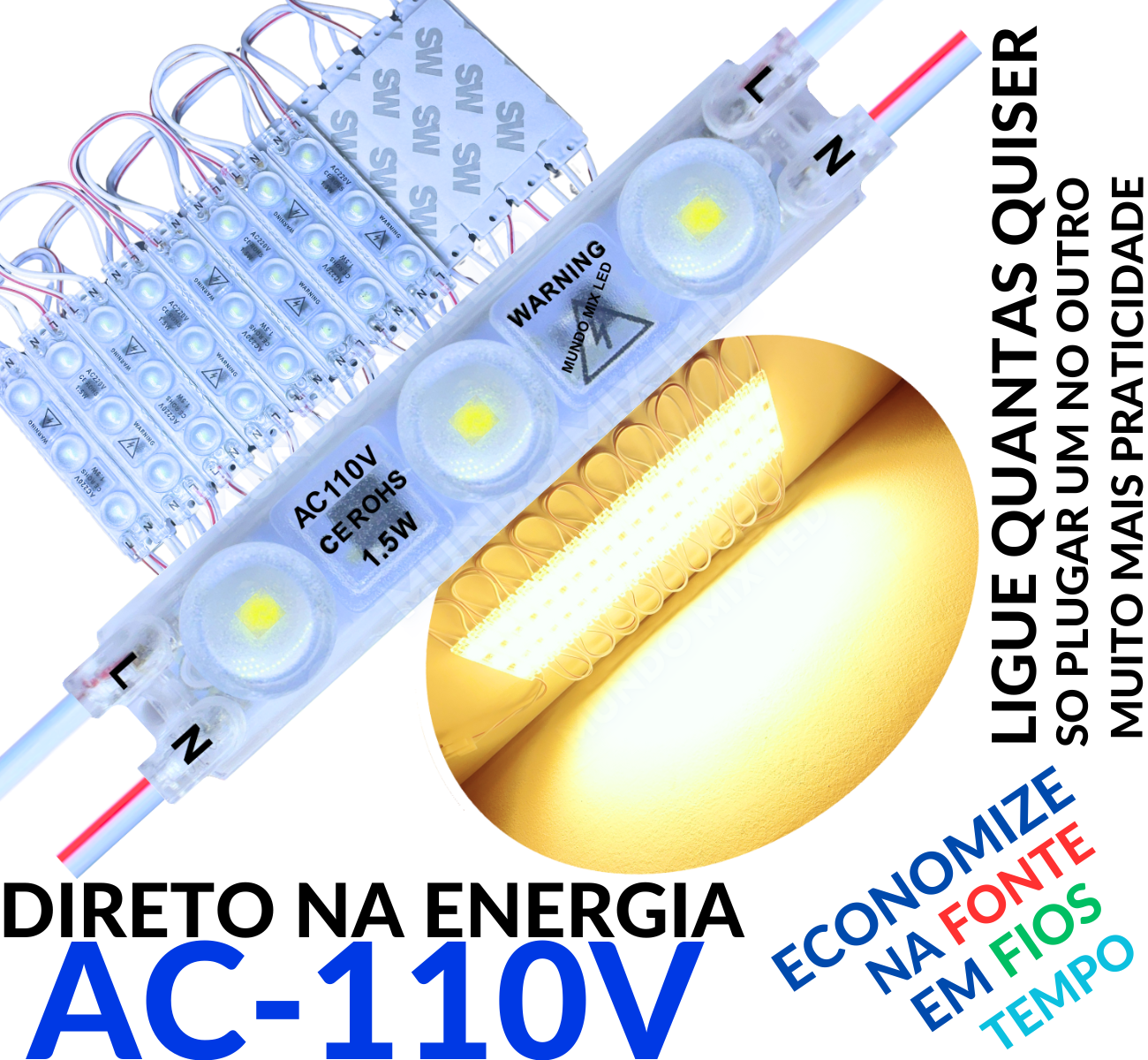 Módulo LED 2835 AC 110V 1,5W Branco Quente 3.000k CHIP independente 3 ...