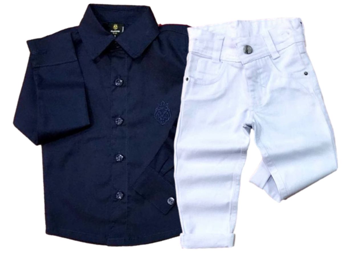 Roupa Social Juvenil Masculino Calça Branca + Camisa Azul-Marinho 10 12 14  E16 - Pó-Pô-Pano