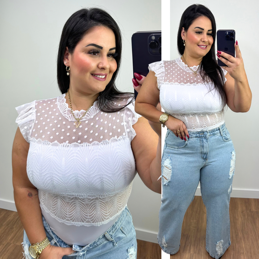 Body Tule Poá Branco Plus Size - Belíssima 48 - Belissima48