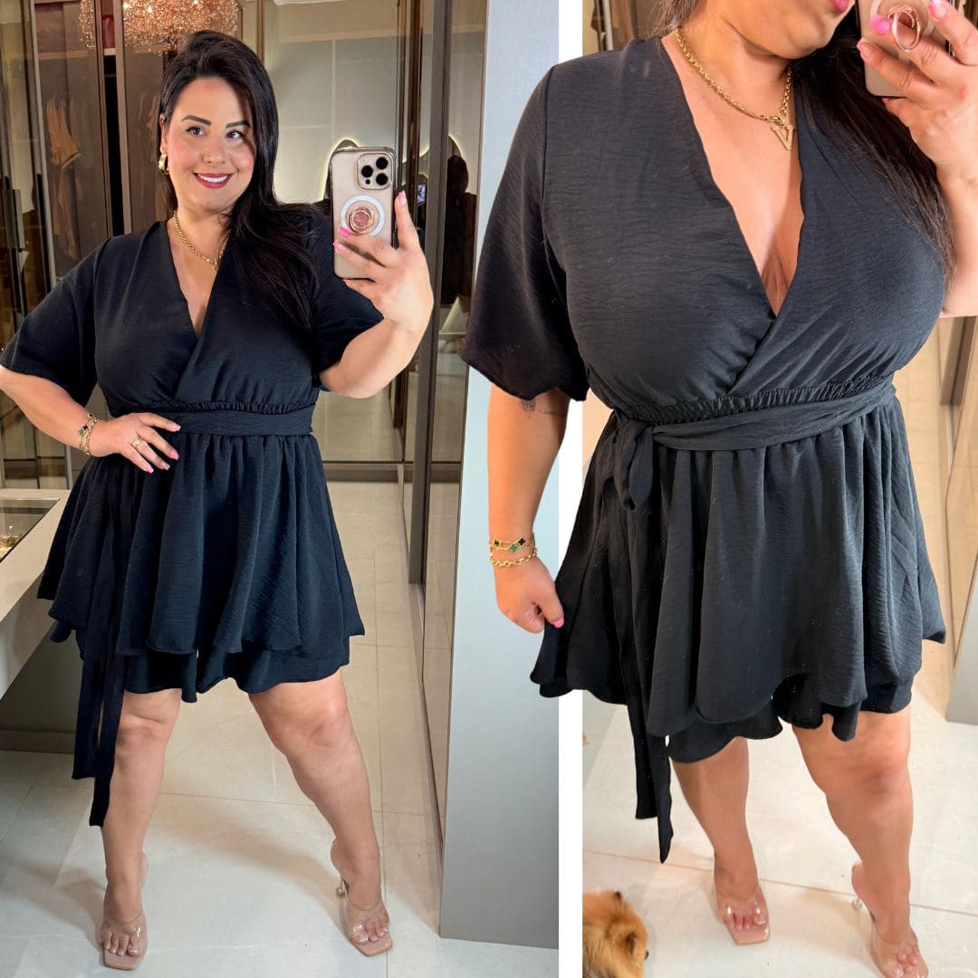 Macaquinho Manga Cindy Preto Plus Size - Belíssima 48 - Belissima48