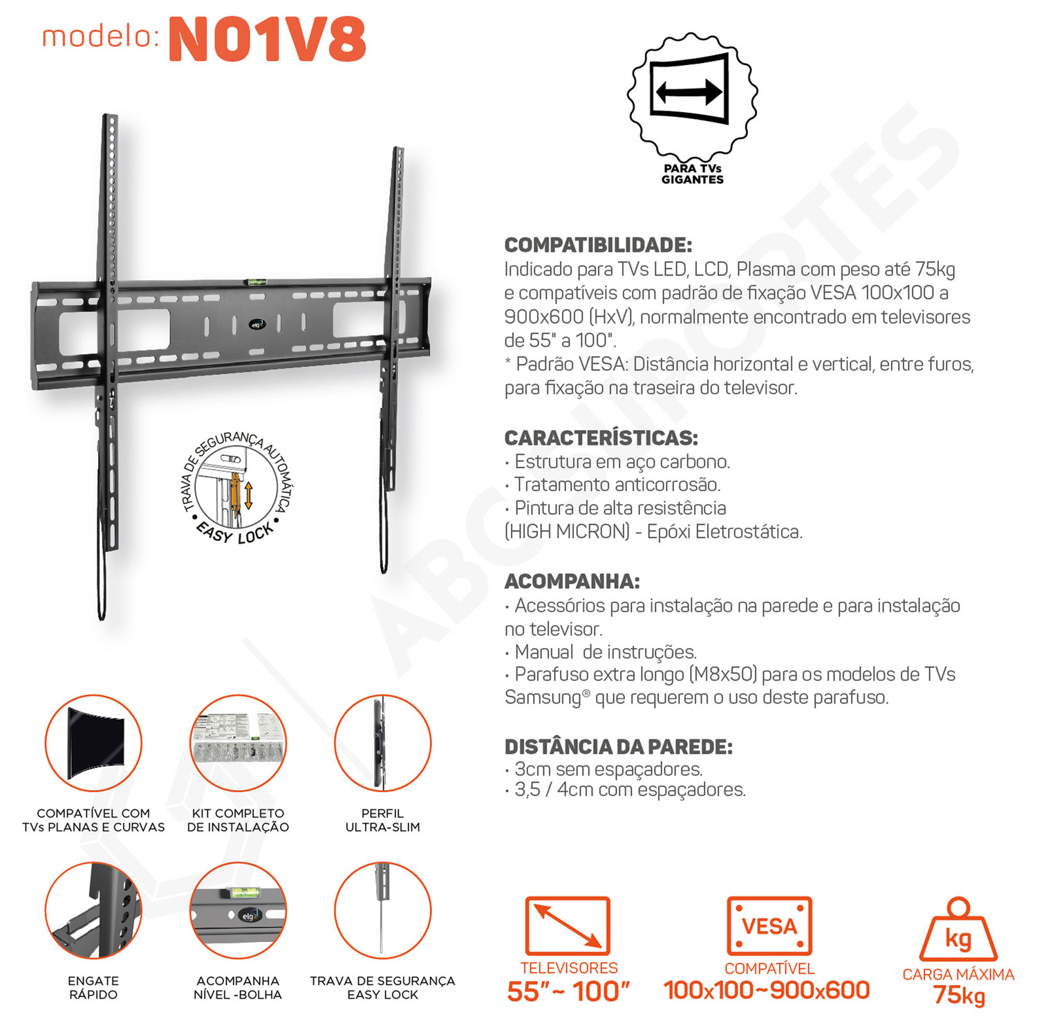 Suporte TV Fixo TELAS GIGANTES 55 à 100 Polegadas - ELG N01V8 - ABC ...