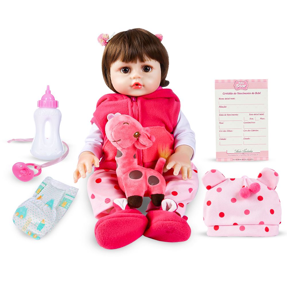 Boneca Bebê Reborn Silicone Olhos Castanhos Girafinha Selo Inmetro