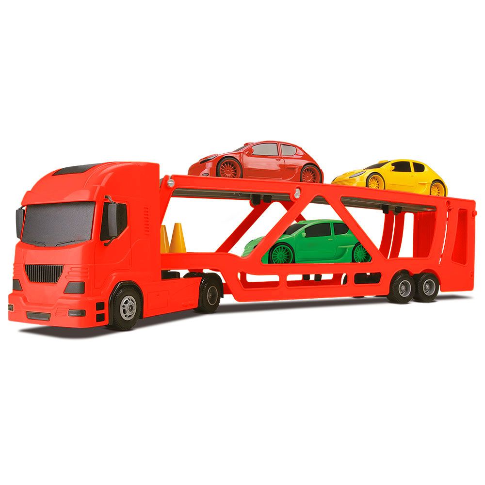 Kit 1 Caminhão Cegonheira C/ 2 Carrinhos Caminhão Reboque Cegonha C/  Carrinho + 1 Onibus Buzão Brinquedo Infantil - Escorrega o Preço