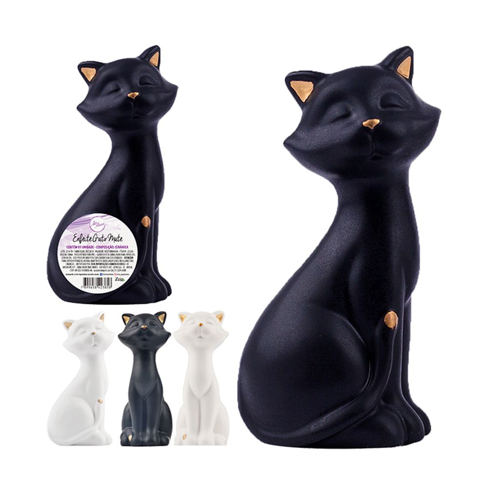 Escultura Gato de Cerâmica Geométrico Preto 17,5cm-Ela Decora