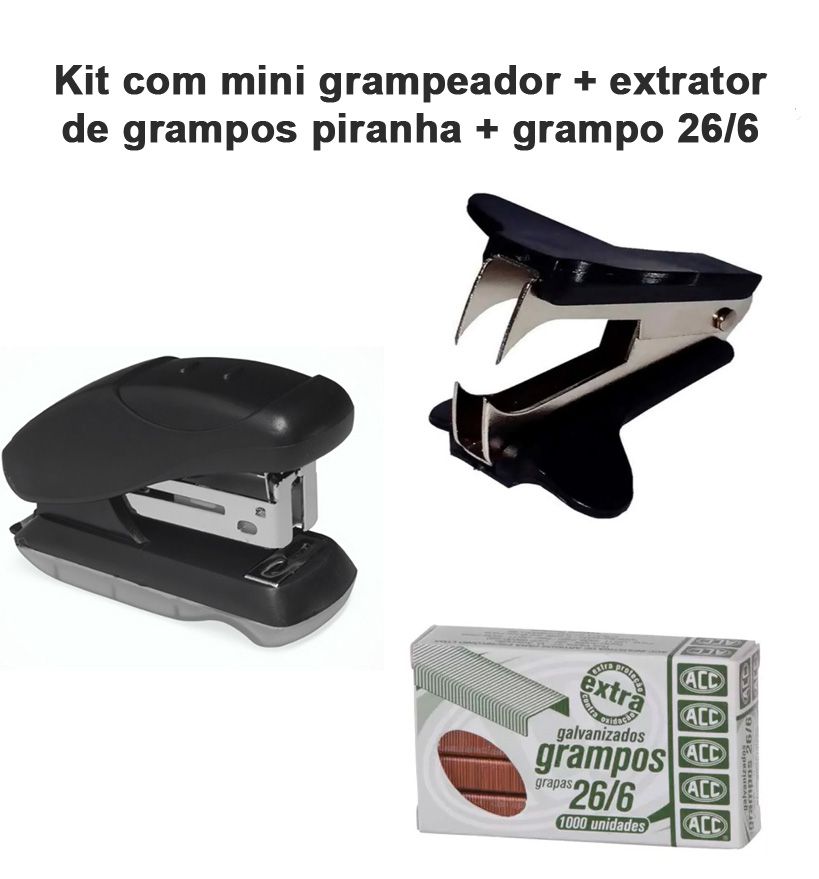 kit extrator piranha, mini grampeador plástico p/12folhas e grampo - Dalba  Papelaria