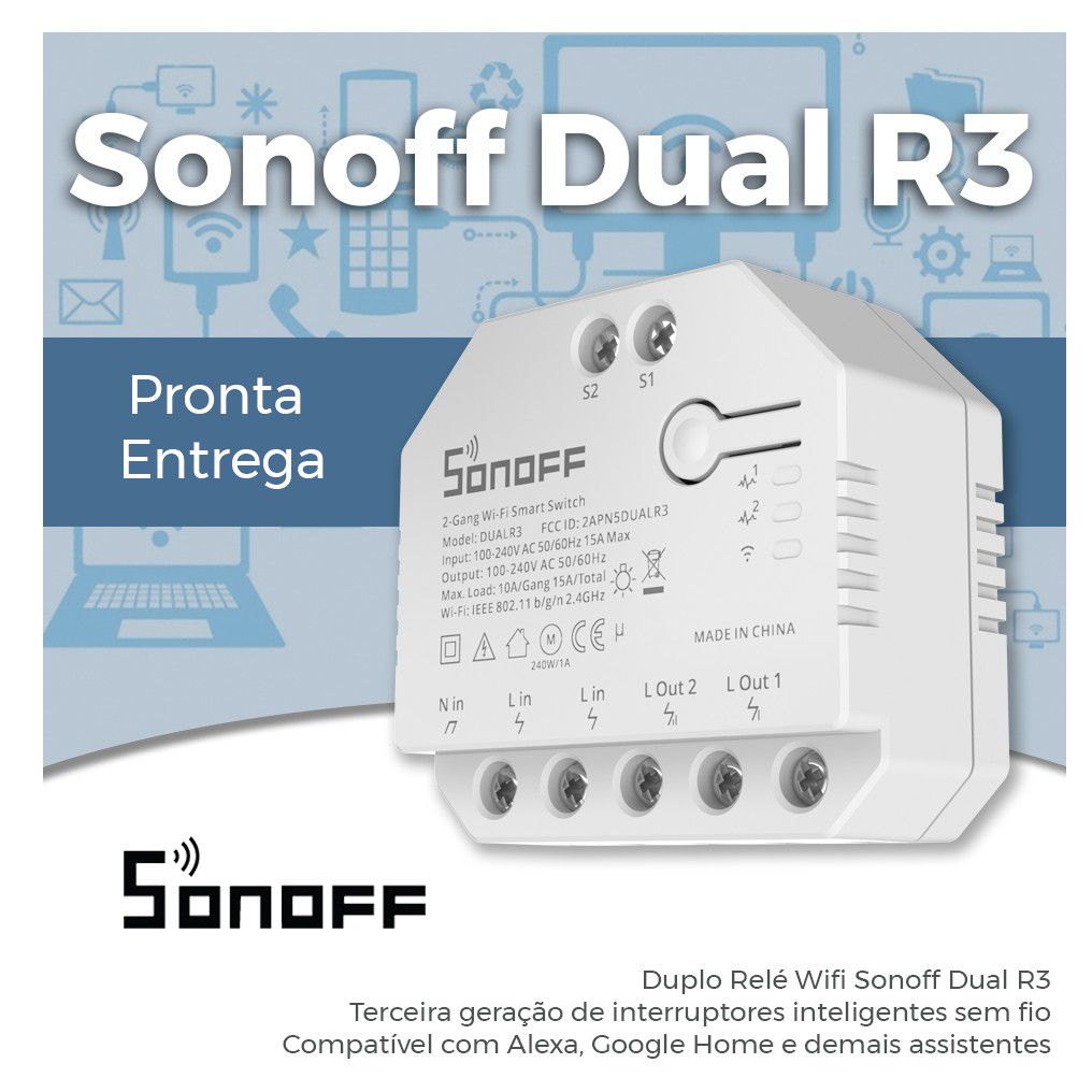 Sonoff Dual R3 2 Canais - Múltiplo Relé Wifi - 2 Canais Automação,  Iluminação, Motores, Persianas - Mania Smart - Automação Residencial
