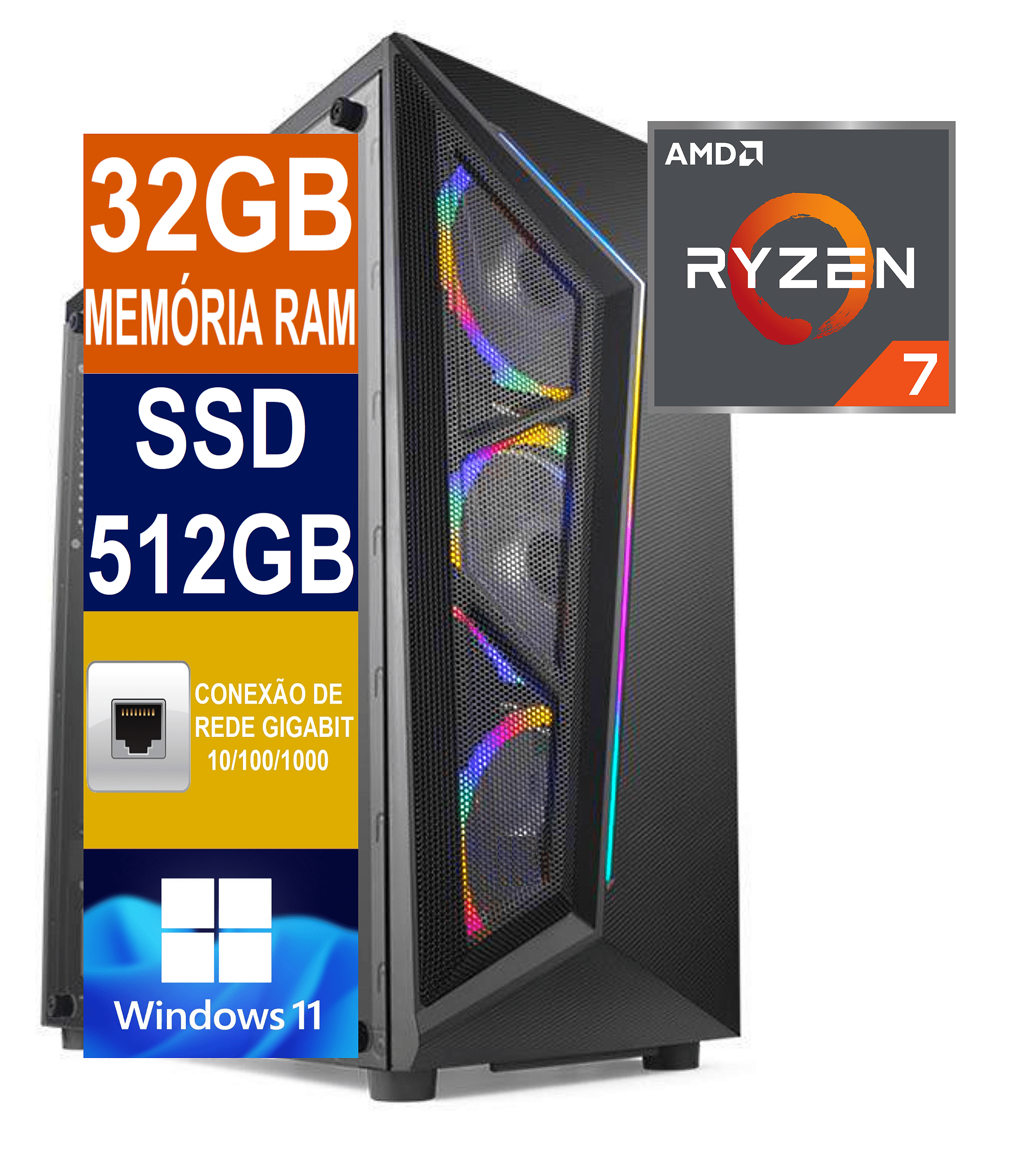 Pc Gamer com AMD Ryzen 7 5700X, NVIDIA RTX3050 8GB, 16GB RAM 3200Mhz, SSD  M.2 NVMe 512GB