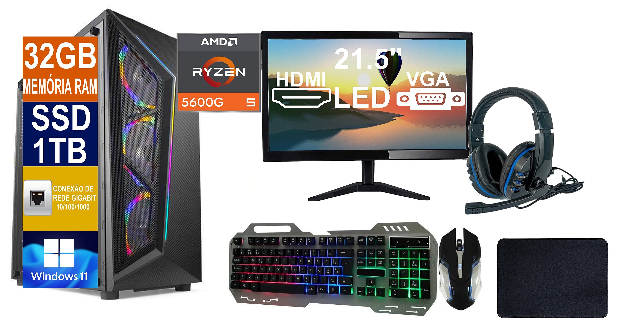 PC Gamer - Computador WAZ - wazPC GameOn MOBA (AMD Ryzen 5 5600G, SSD 512GB  NVMe, 16GB DDR4, 500W, Win 10 Pro) - waz