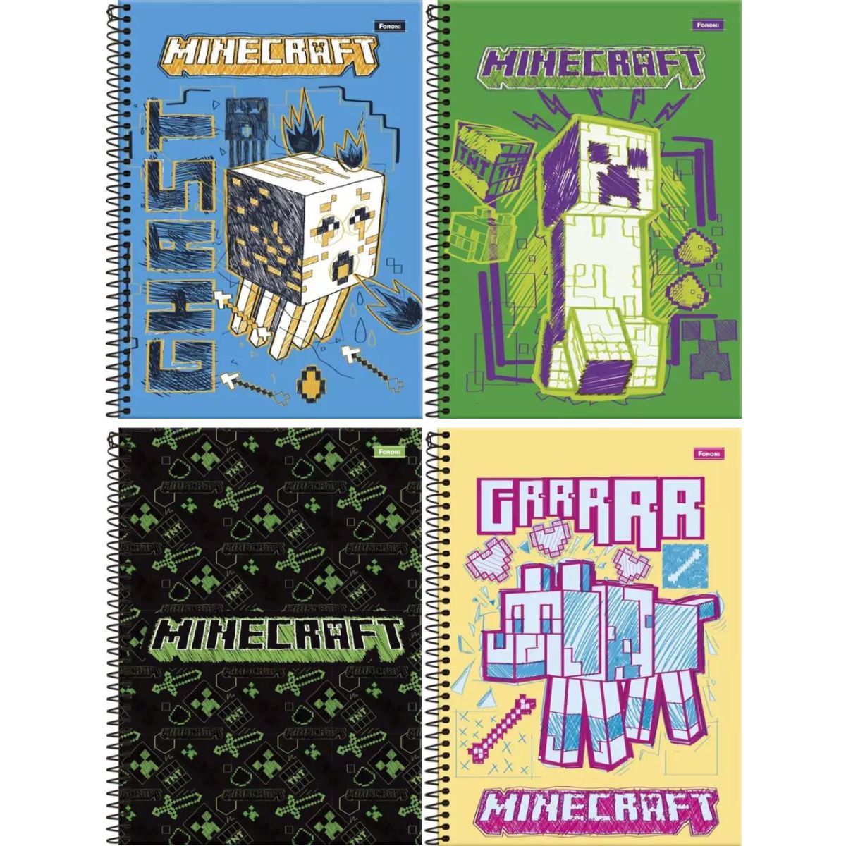 Kit 2 Cadernos Espiral Minecraft + Caderno Desenho Minecraft