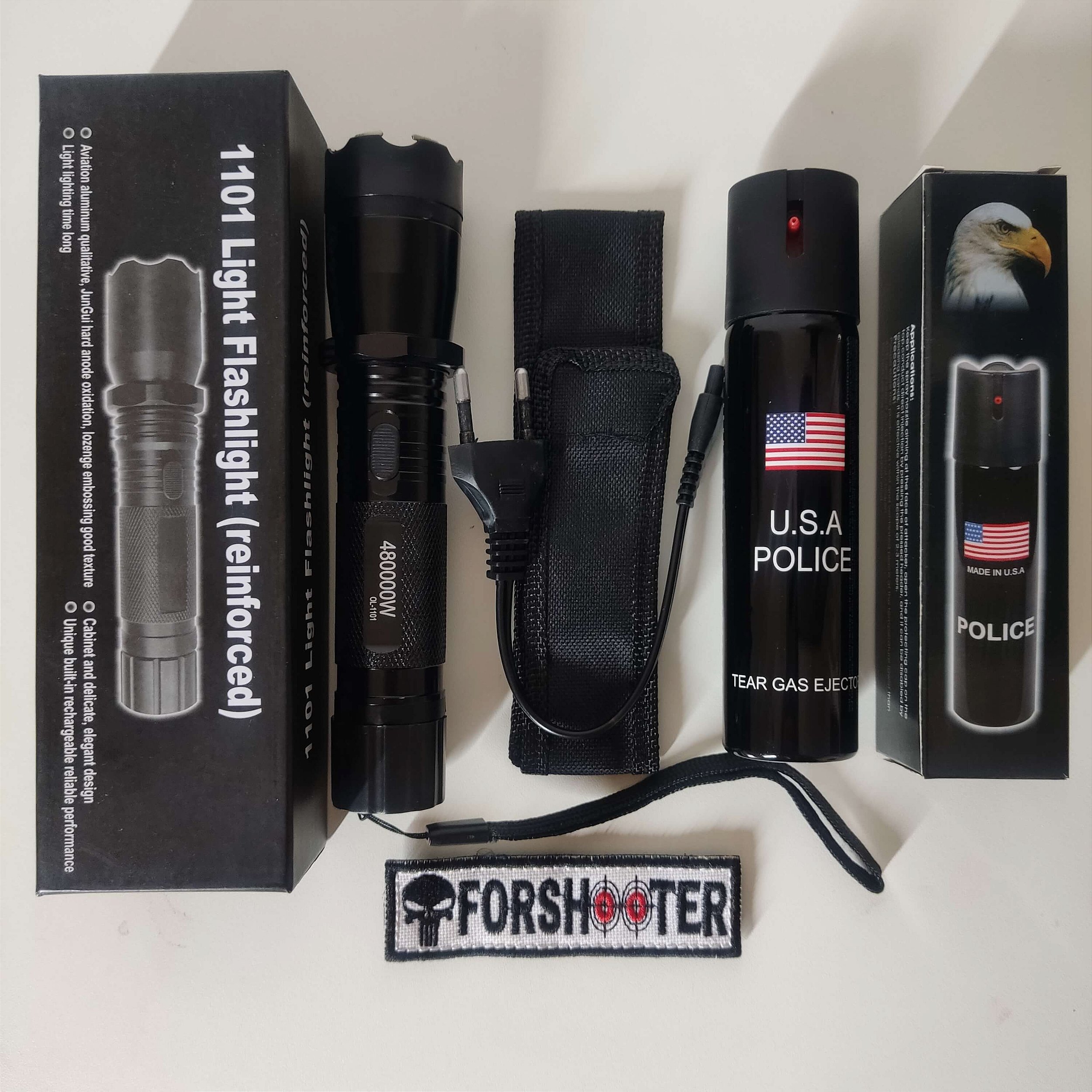 Kit Defesa Pessoal Lanterna Taser + Spray POLICE U.S.A FORSHOOTER