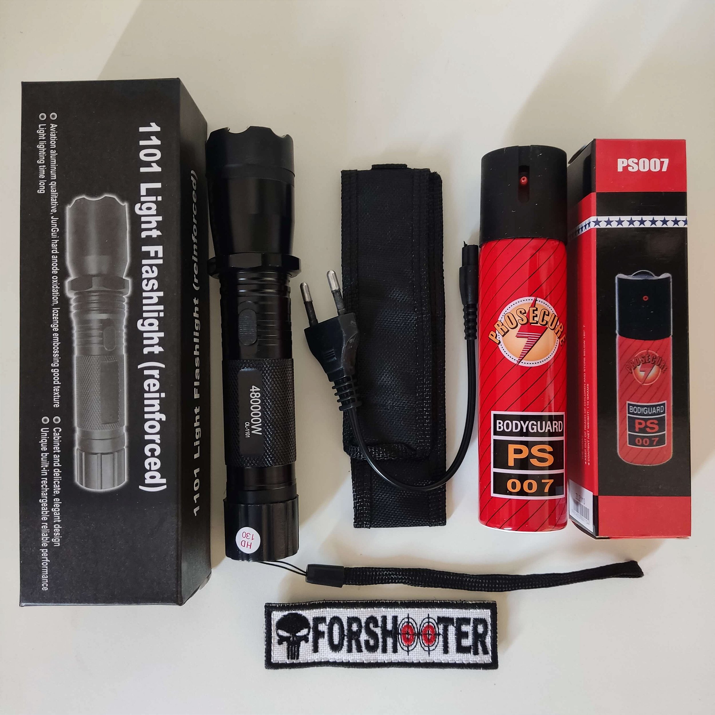 Kit Defesa Pessoal Lanterna Taser + Spray BODYGUARD PS 007 FORSHOOTER