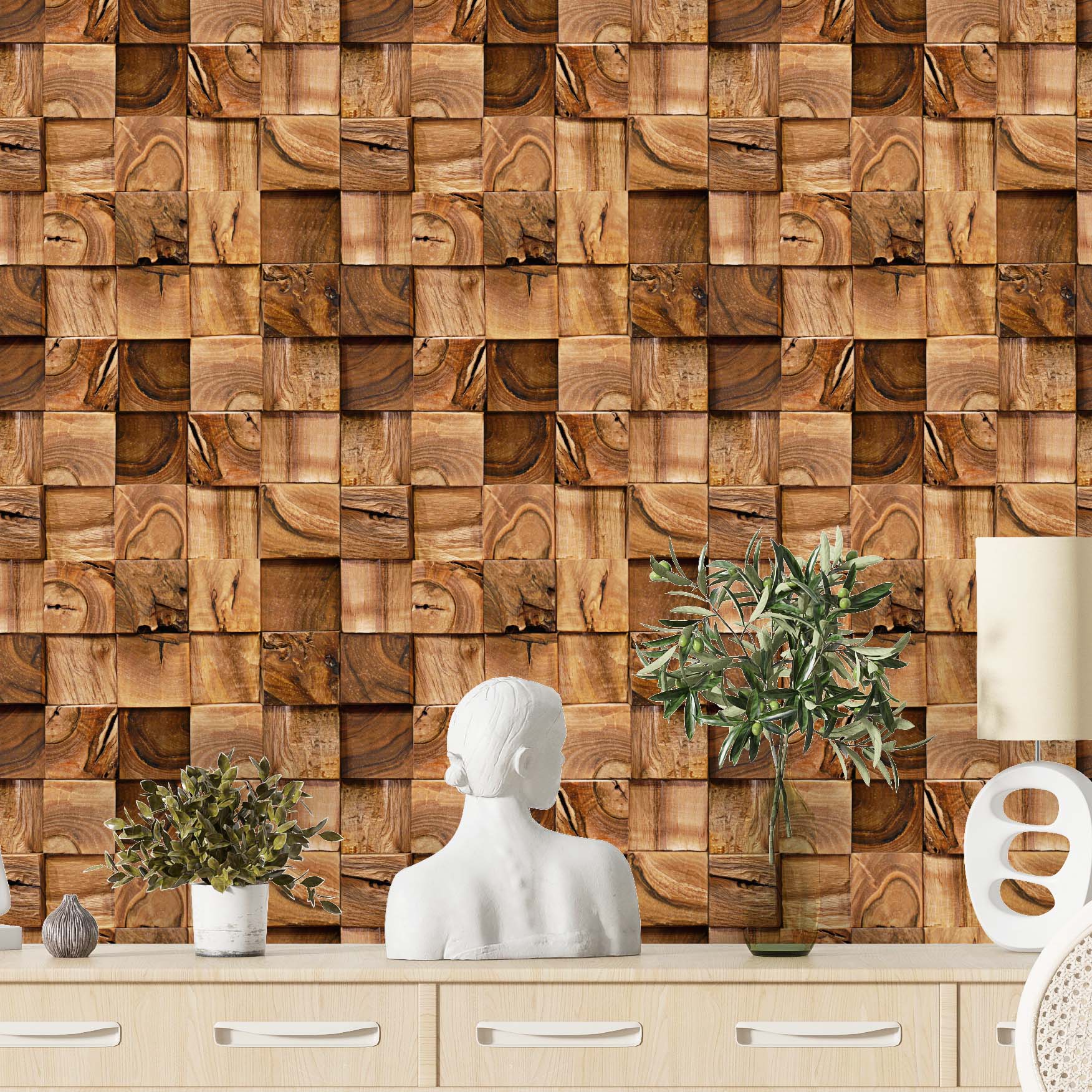 Papel de Parede Adesivo Vinil Autocolante Sala Quarto Cubos Madeira 3D ...