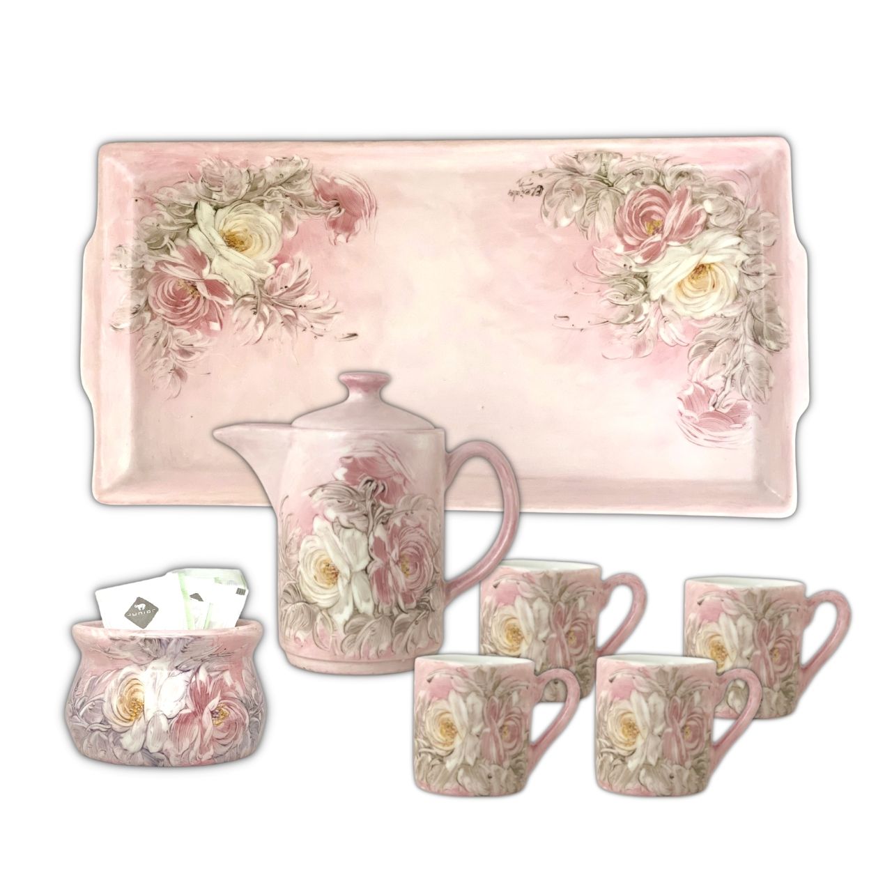 Jogo de 6 Xícaras de Café Cônica Coquinho 70 ml e Açucareiro de Porcelana  Pintado à Mão ROSAS BRANCA ROSA/CARAMELO - PINTANDO ARTE ATELIÊ