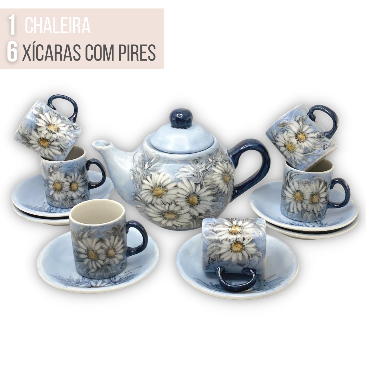 Jogo de 6 Xícaras de Café Reta 50 ml com Bule Chaleira Porcelana Pintado à  Mão MARGARIDAS BRANCA/AZUL - PINTANDO ARTE ATELIÊ