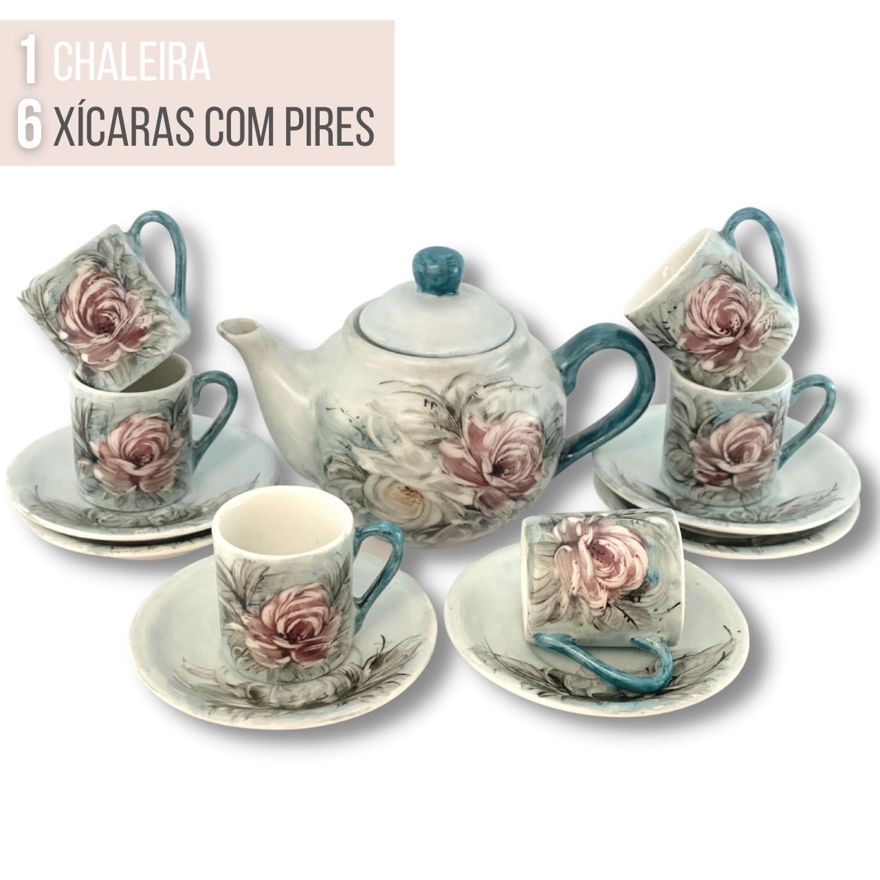 Jogo De Chá Completo Porcelana Com Rosas Pintadas À Mão