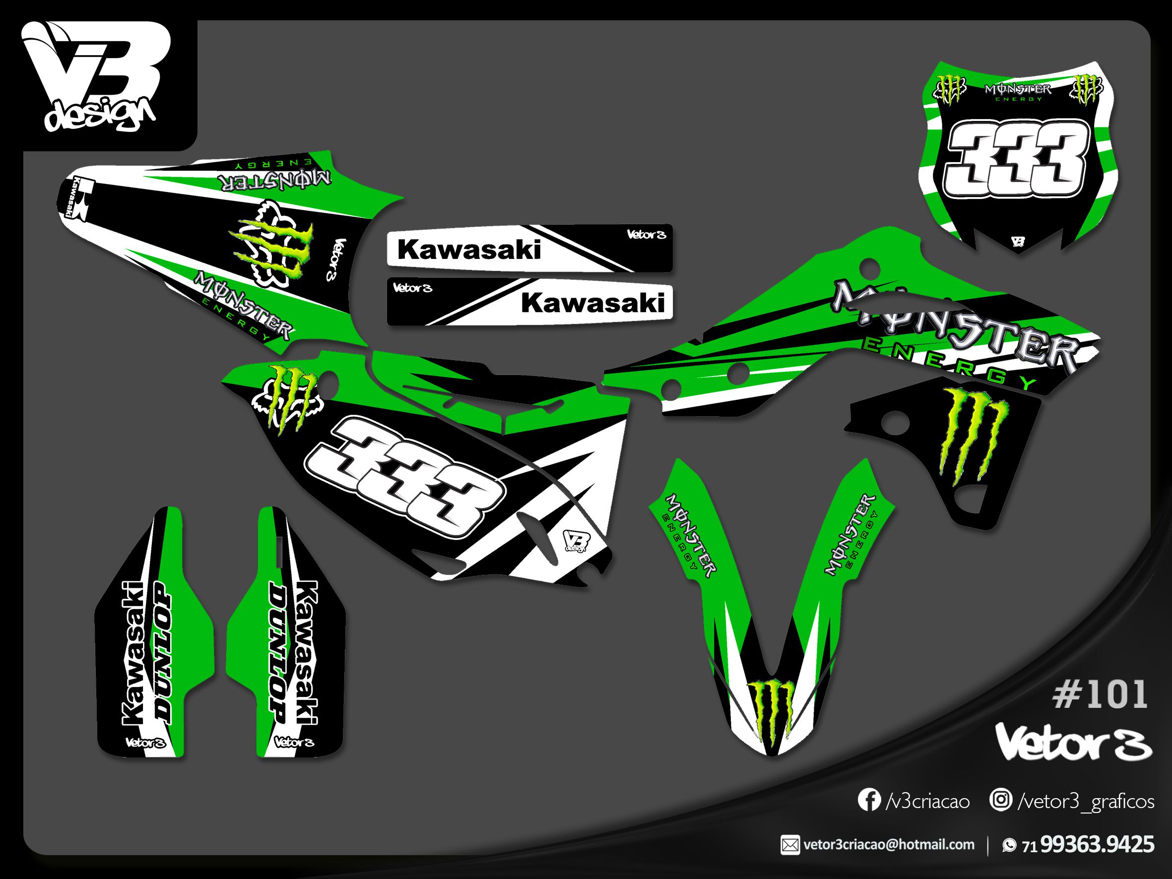 KIT GRÁFICO ADESIVO KAWASAKI / KX / KXF - Vetor3 Gráficos - O