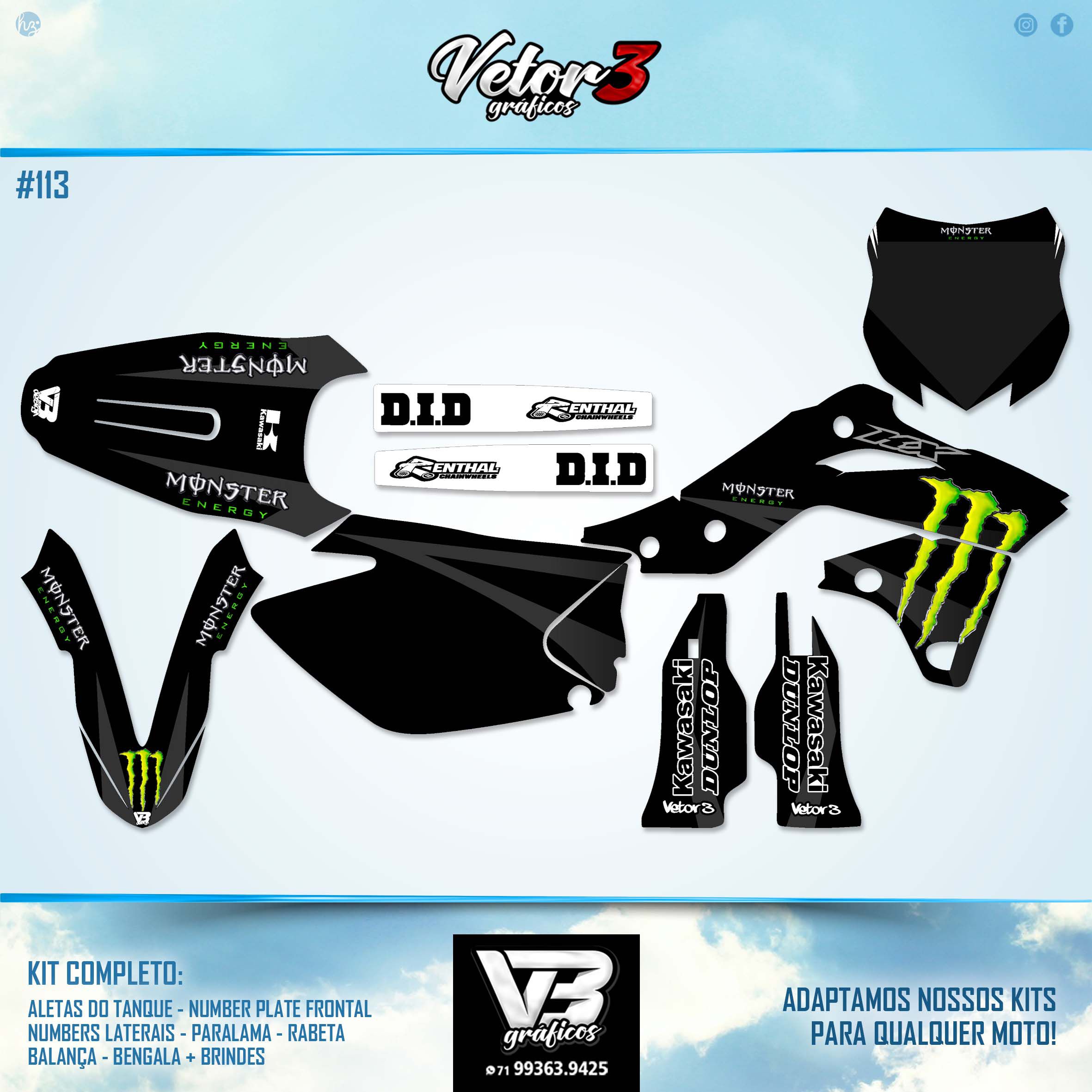 KIT GRÁFICO ADESIVO KAWASAKI / KX / KXF - Vetor3 Gráficos - O