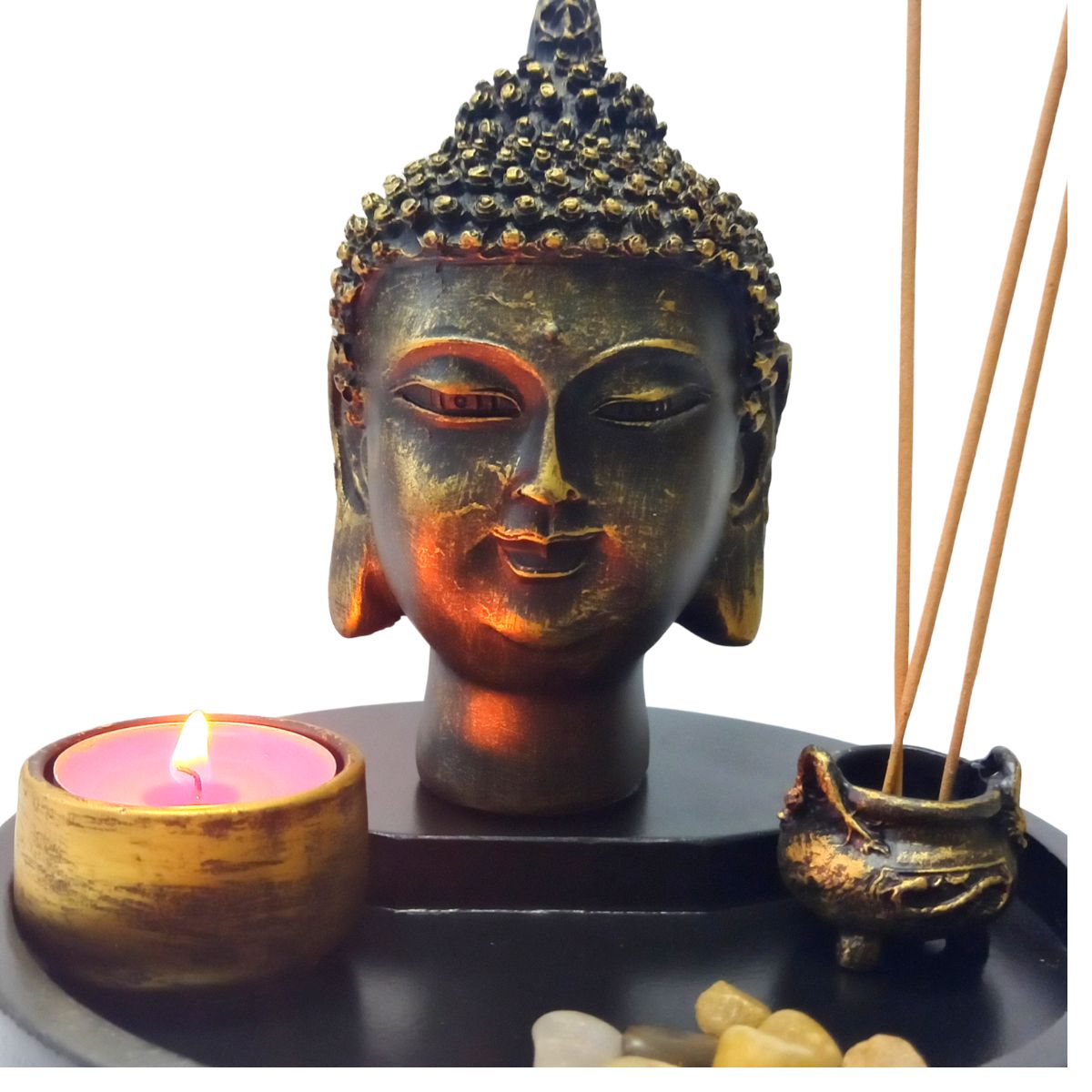 Jardim Zen Cabeça de Buda Bronzeado (Porta Vela/Incensário Redondo