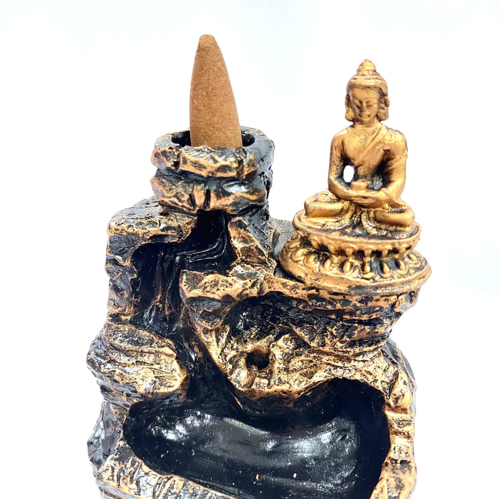 Incensário Resina Cascata Buda Meditando Dourado imagem 2