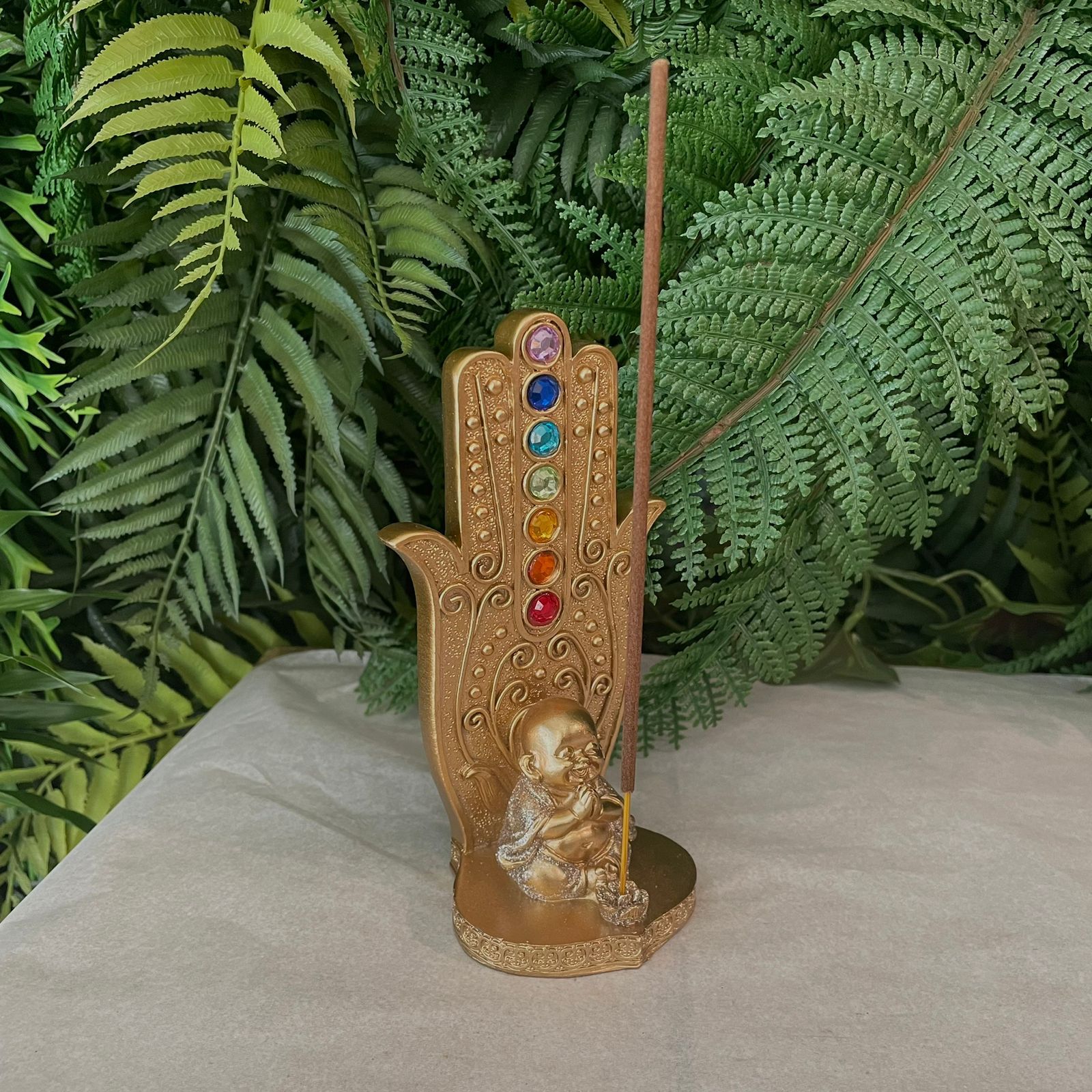 Incensário Mão Hamsá 7 Chakras - Buda da Fortuna Meditando imagem 2