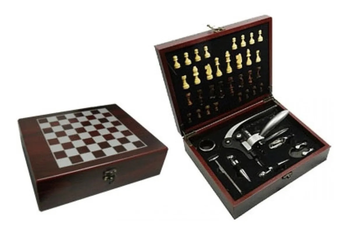 Jogo xadrez pecas em madeira cx madeira kit vinho luxo