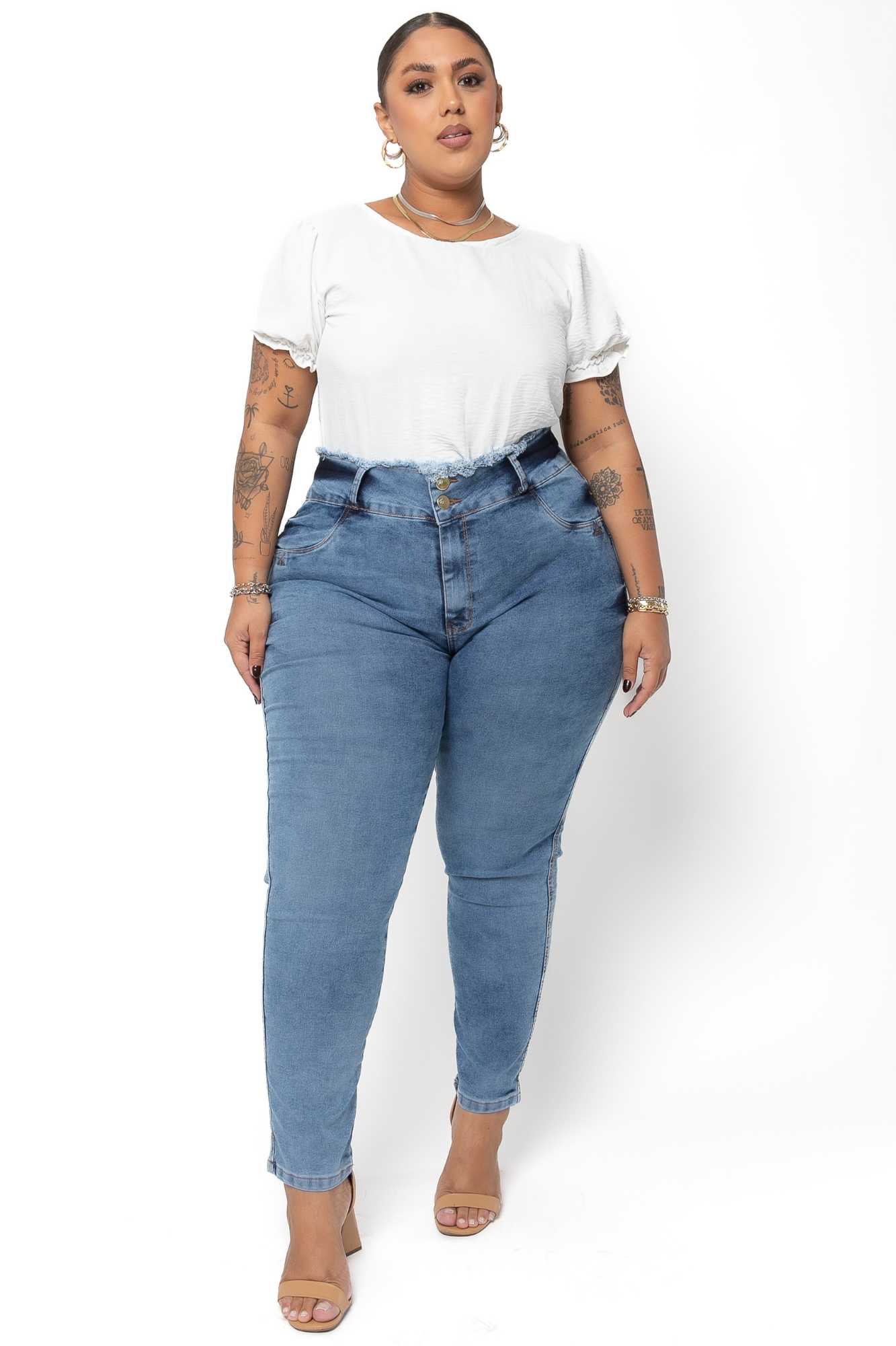 Calça Jeans Ane Plus Size Wide Leg Premium Cleicieli Azul - Ane