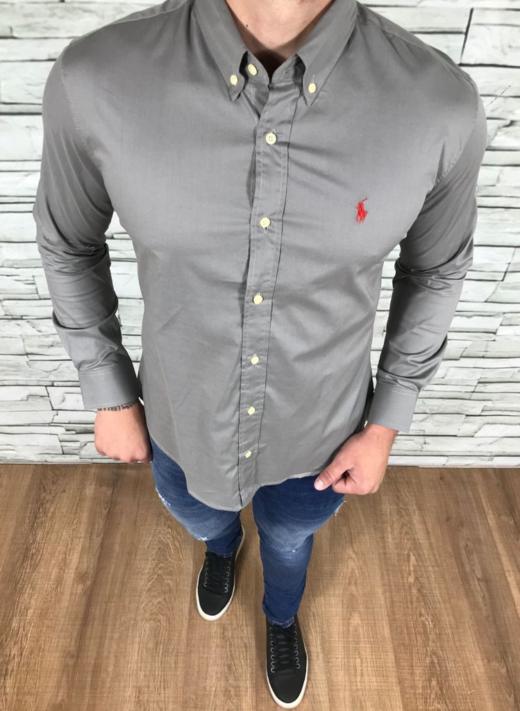 Camisa Masculina RL Manga Longa Cinza Escuro Logo Vermelho
