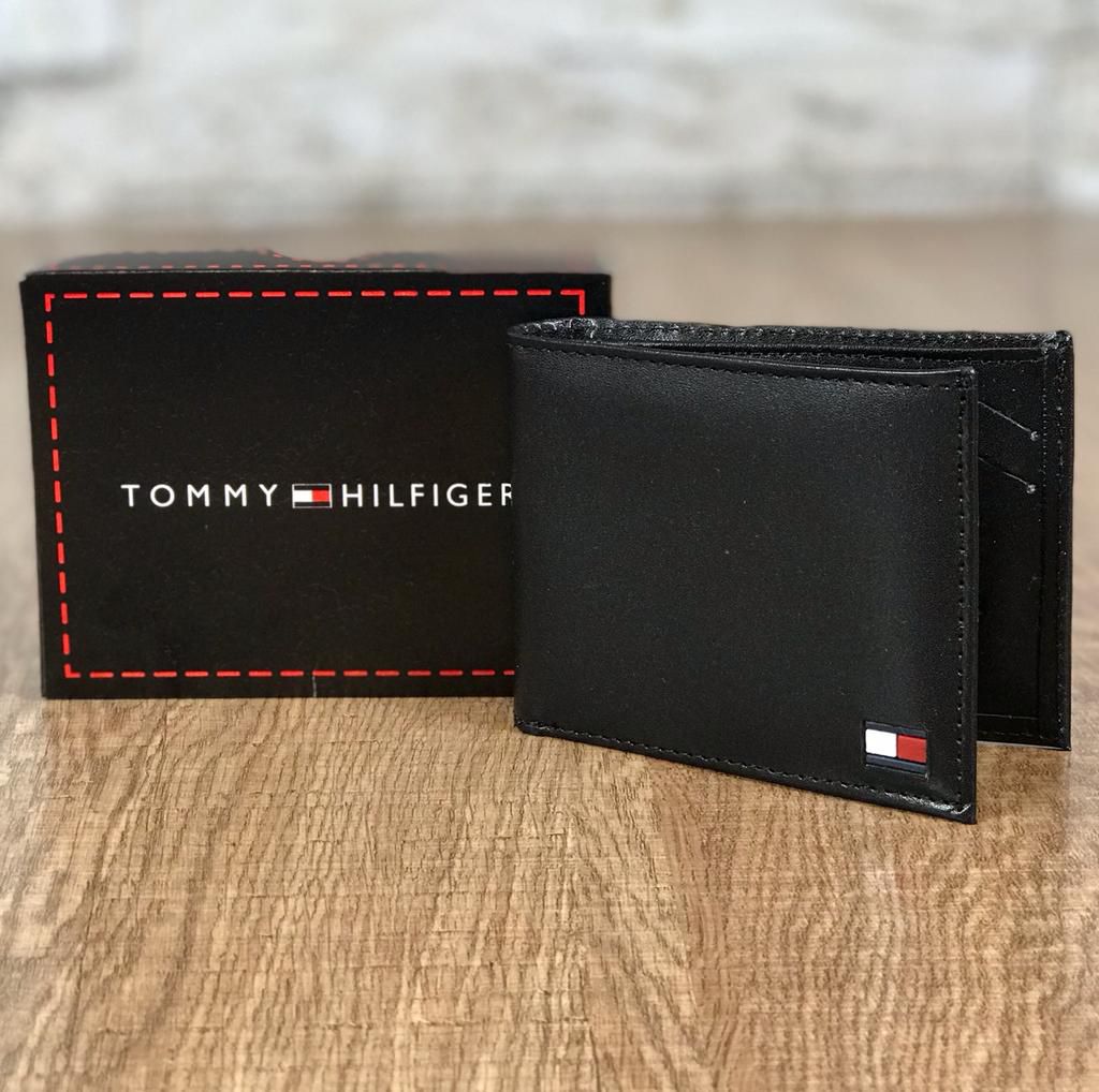 Tommy Hilfiger Carteira masculina de couro genuíno com fecho de