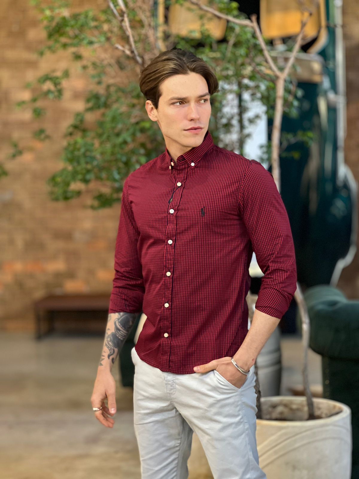 Camisa de Xadrez Slim Fit, Vermelhor Escuro