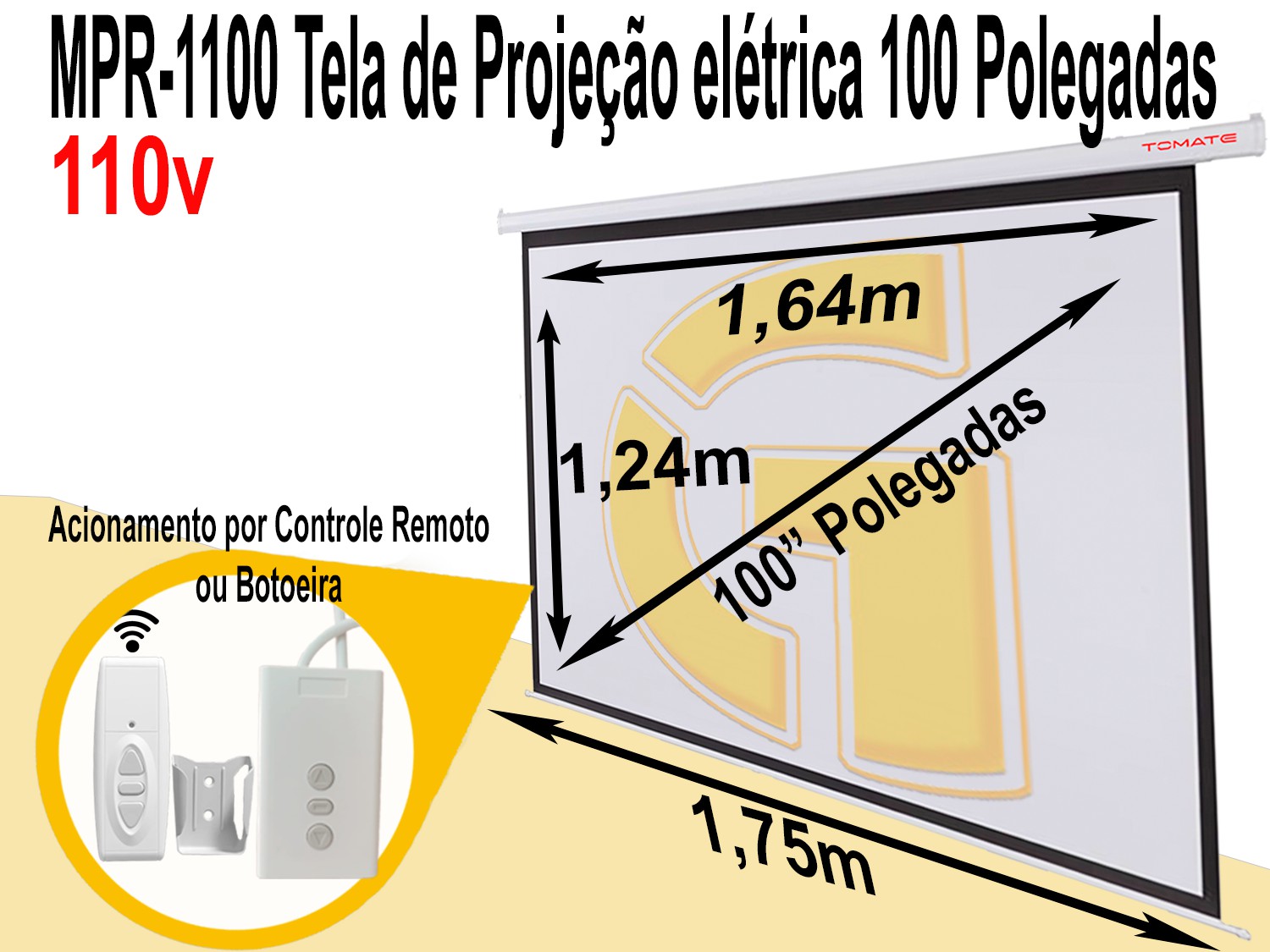 Tela De Projeção Elétrica Tomate MPR 1100 - 100 Polegadas - Retrátil -  Telão - General Atacado