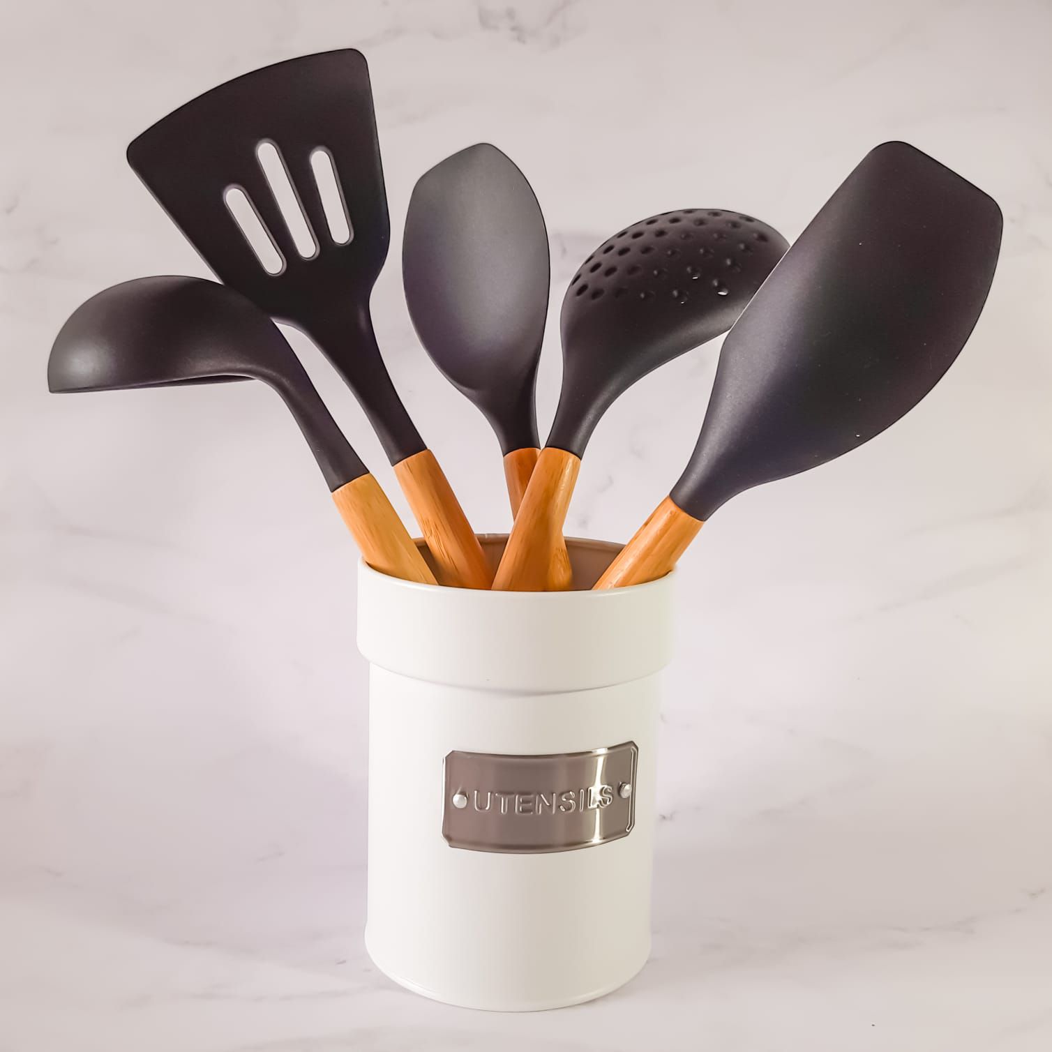Kit de Utensílios em Bambu Com Silicone Preto 5 Peças - YOI