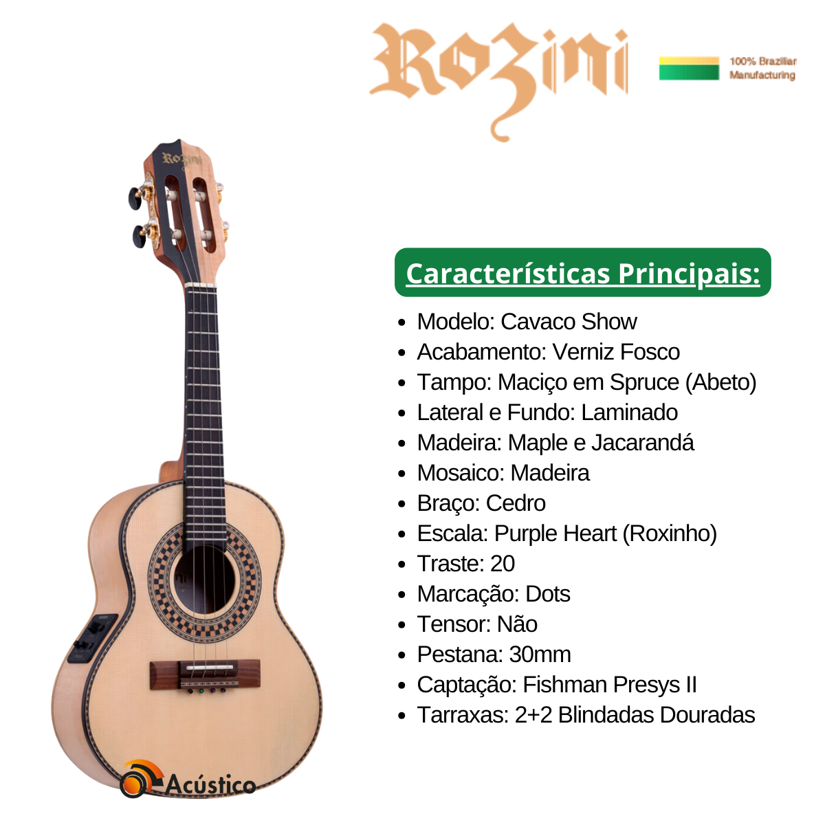 Cavaquinho Rozini Show Elétrico Fishman Spruce Maciço Rc17 - O