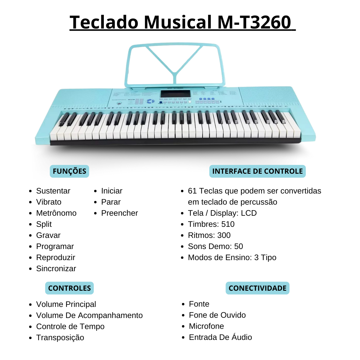 Teclado Musical Iniciante 510 Timbres Key Light MXT M-T3260 - O
