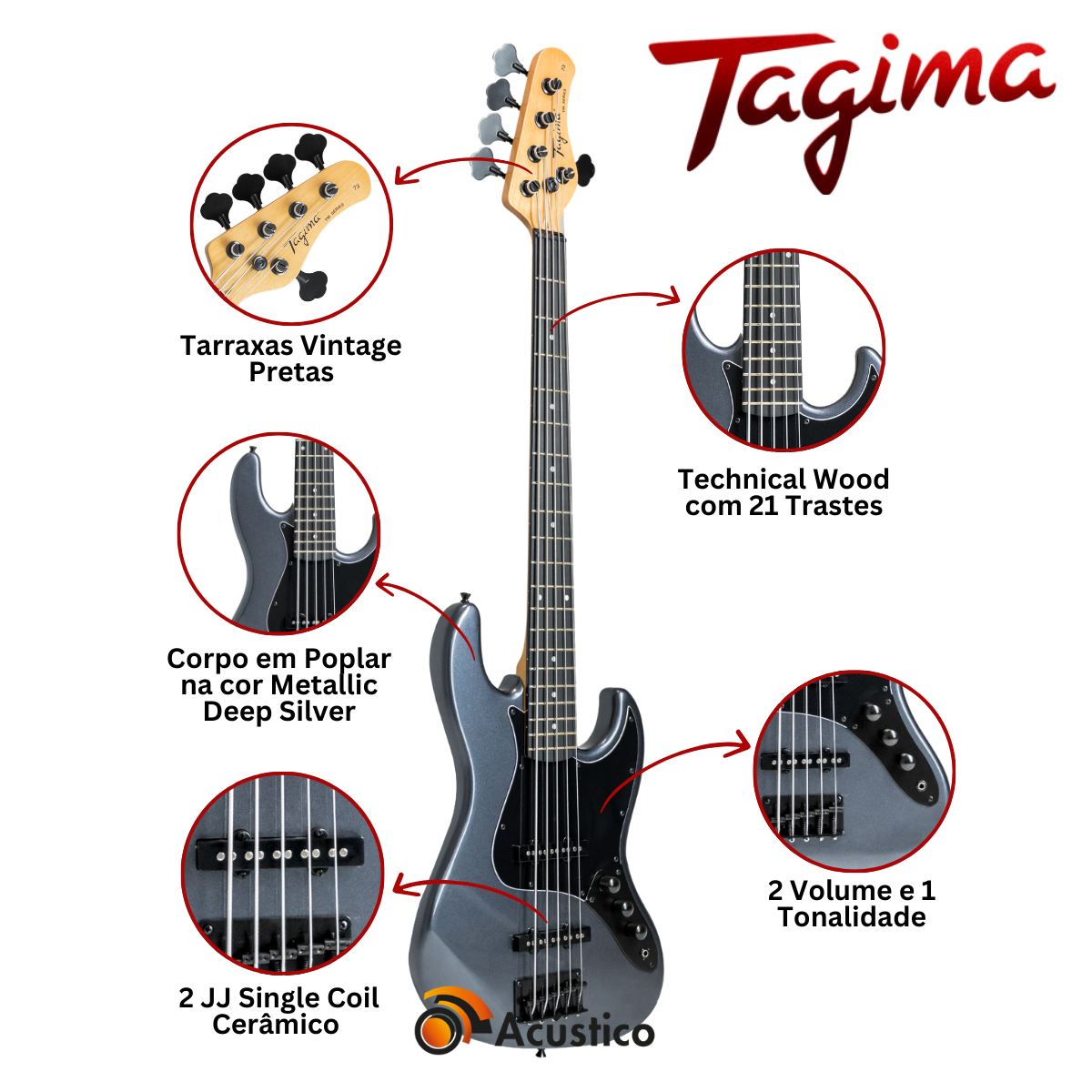 Contrabaixo Tagima Jazz Bass TW-73 5C Metallic Deep Silver - O