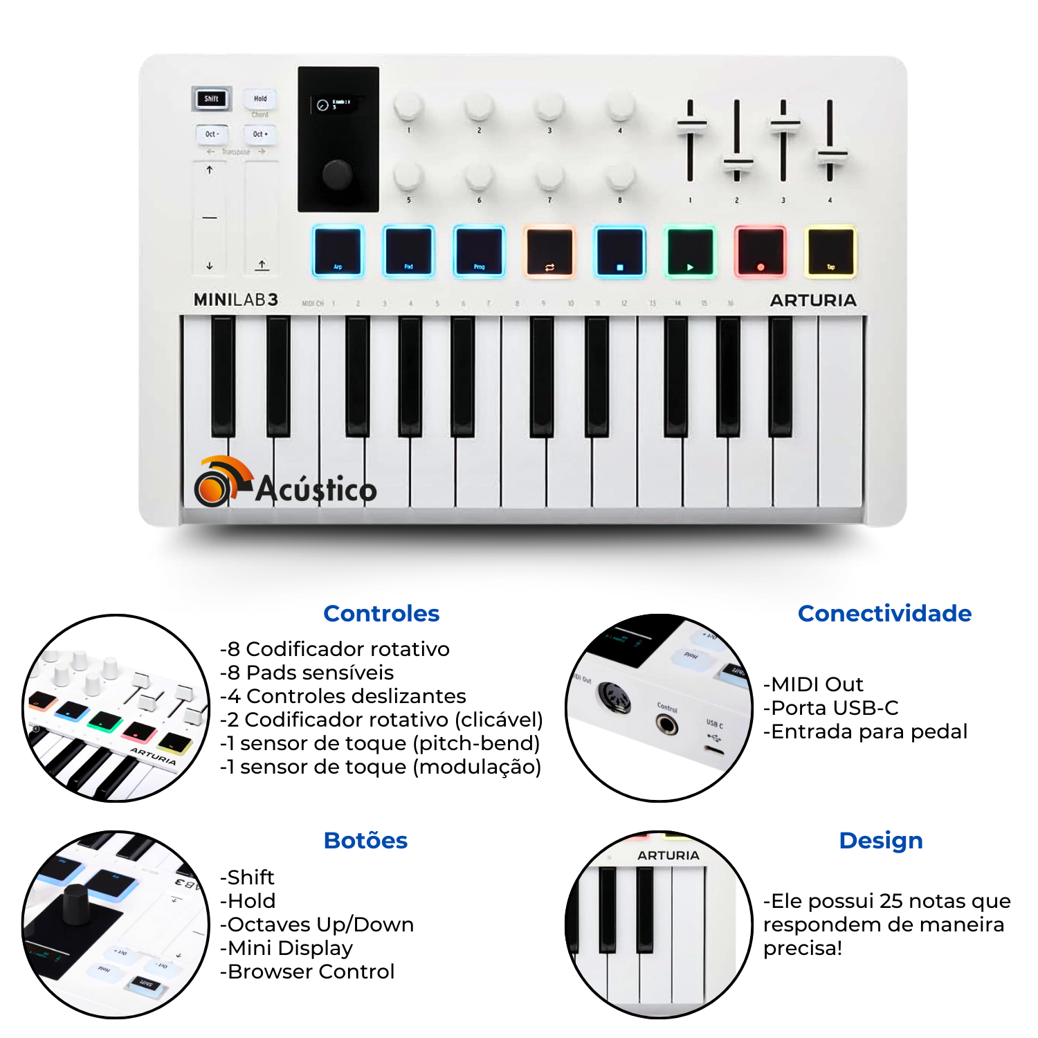 Teclado Controlador Midi USB 25 Teclas Arturia MiniLab MK3 - O