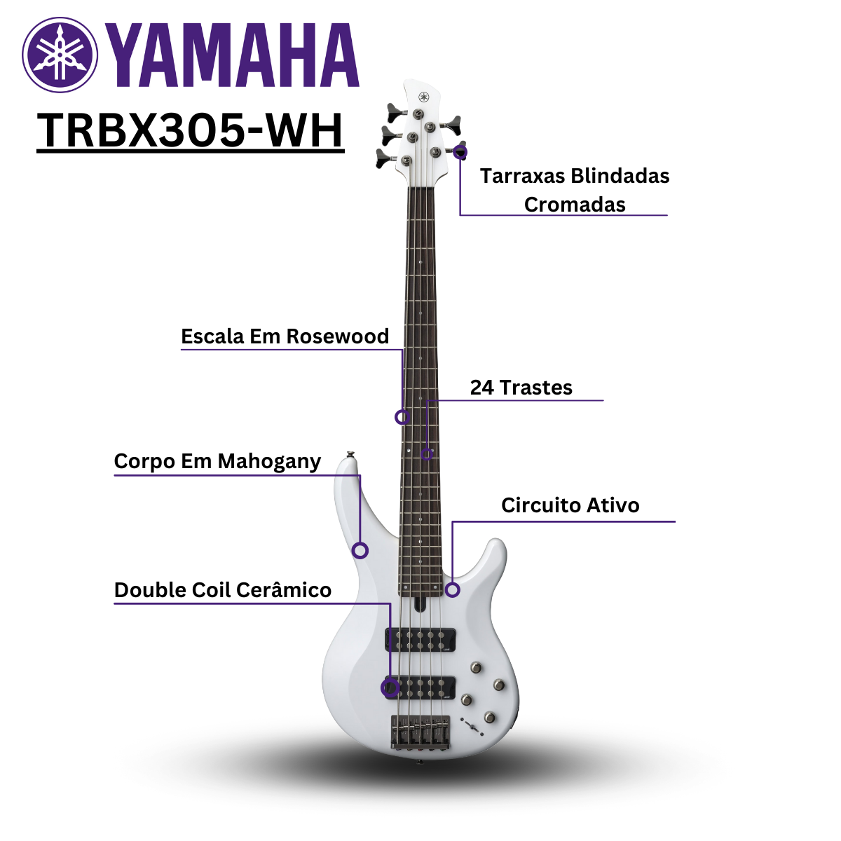 Contrabaixo Yamaha TRBX305-WH 5 Cordas Ativo Branco - O Acústico