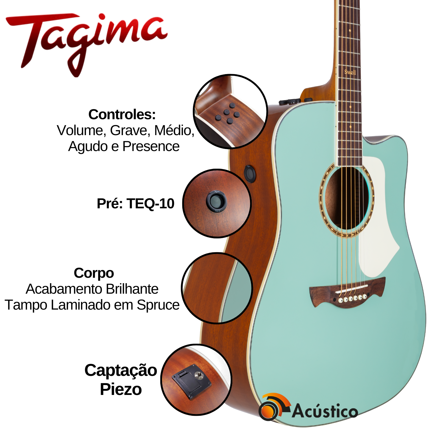 Violão Elétrico Tagima Swell Deluxe Verde Turquesa TEQ-10 Bag - O ...