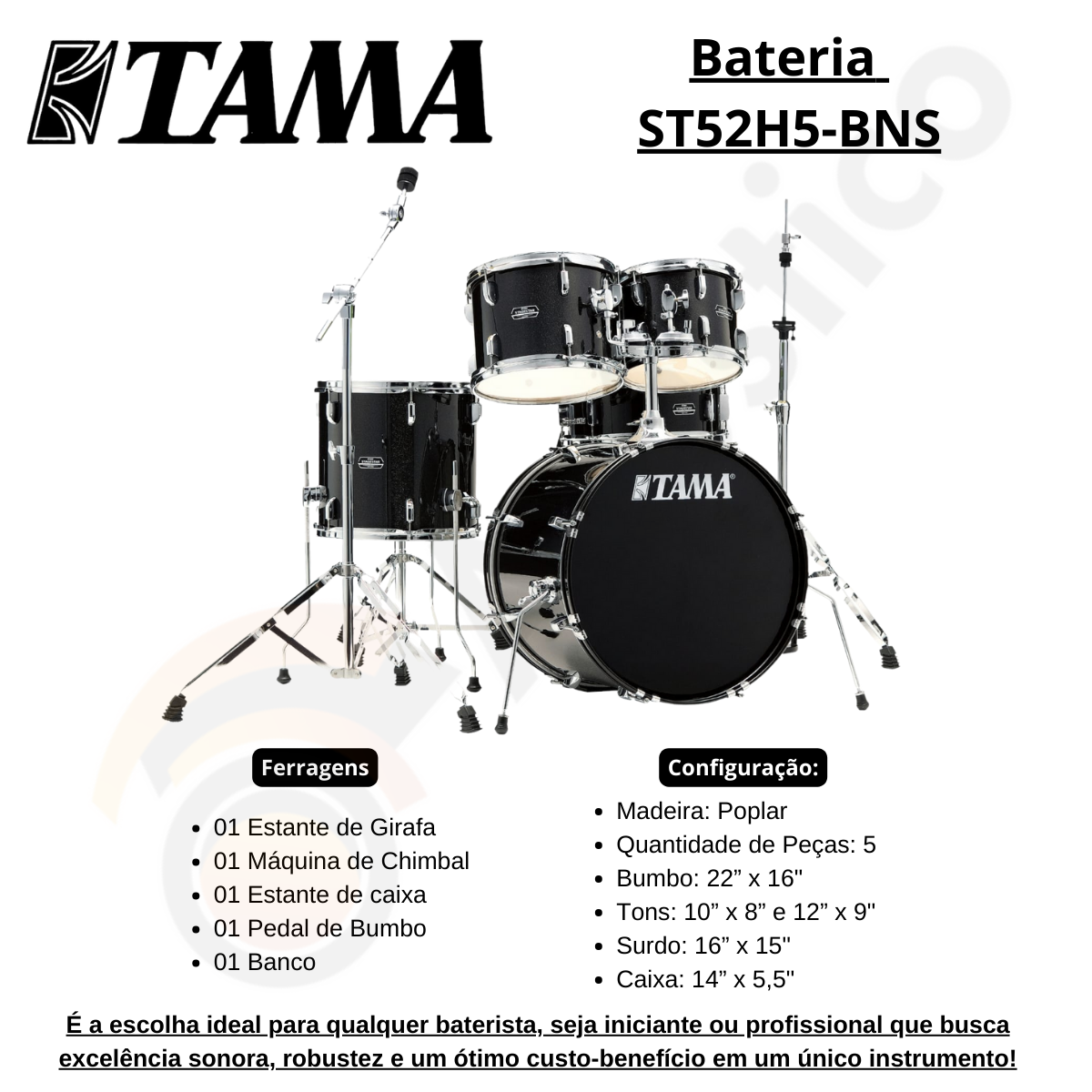 Bateria Acústica Profissional Tama Stagestar ST52H5 Black - O
