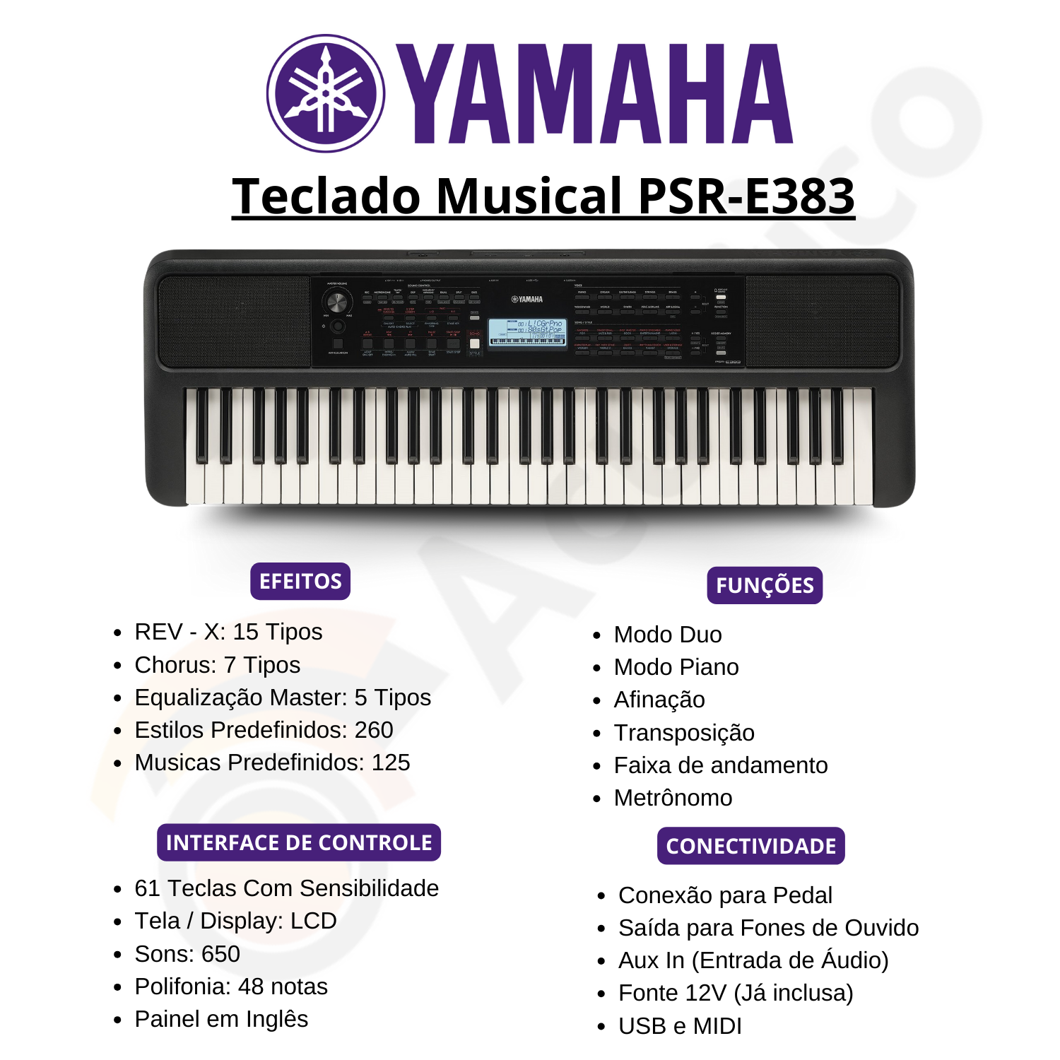 Teclado Musical Yamaha PSR-E383 Iniciante 61 Teclas Preto - O